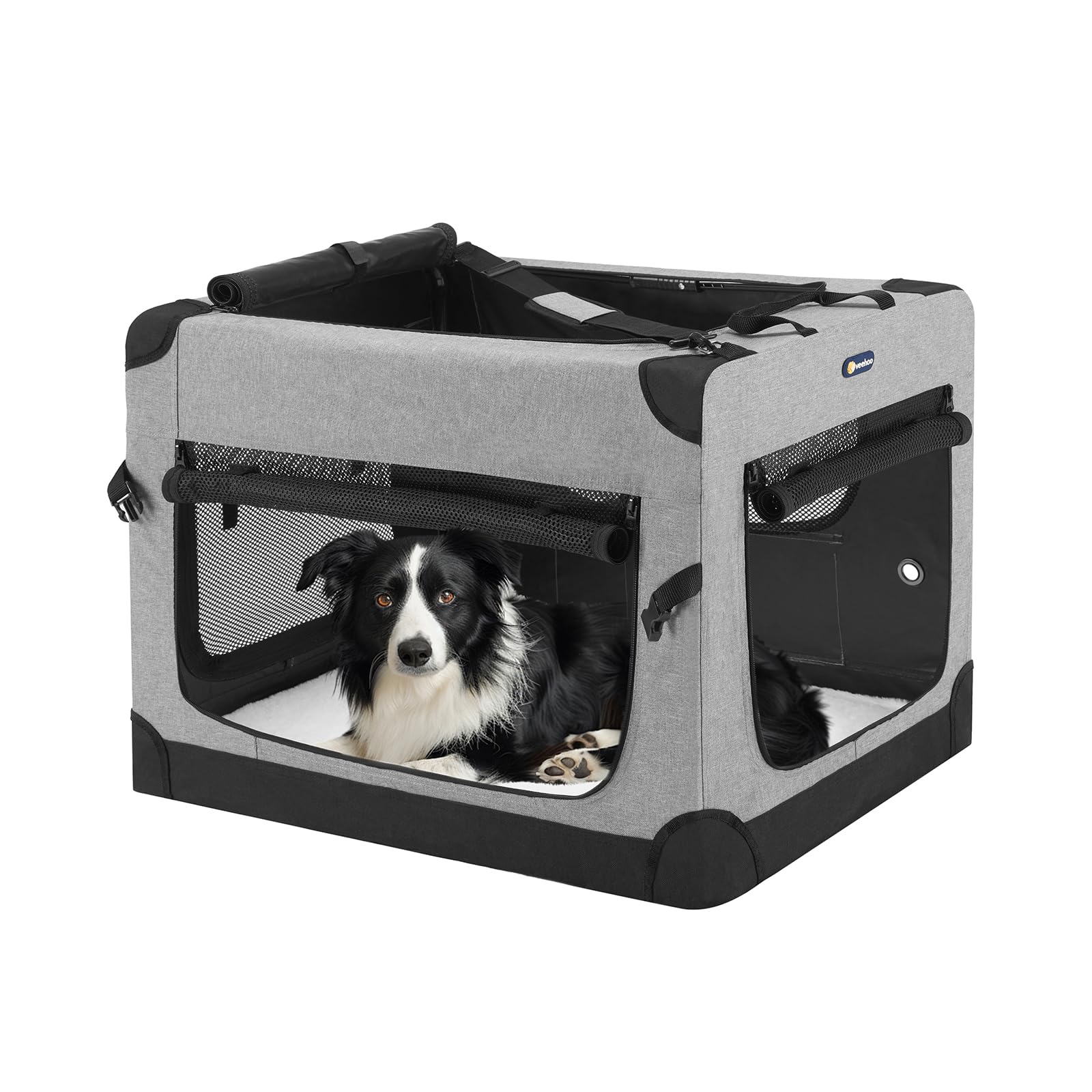 Veehoo 30 inch Folding Soft Dog Crate, 4-Door Portable Collapsible Pet Kennel Travel Dog Crate for Medium Dogs, 5 x Durable Mesh Screen, 600D Oxford Fabric, Indoor & Outdoor Use, Grey, CWB2428CP