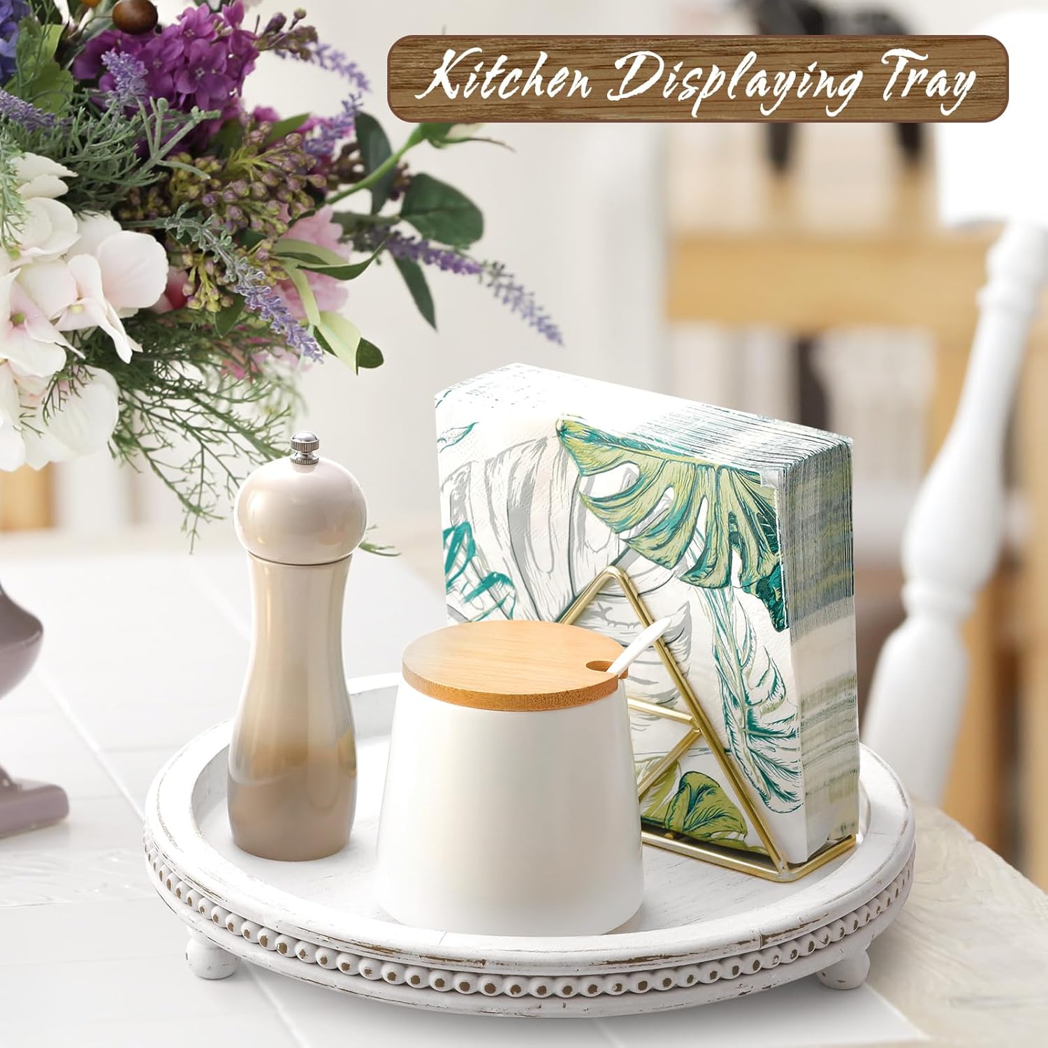 Handmade 12 Inch Decorative Tray, Small Beaded Tray Coffee Table Decor, White Washed Round Wooden Tray for Coffee Table, Dining Room Table Entryway and Living Room