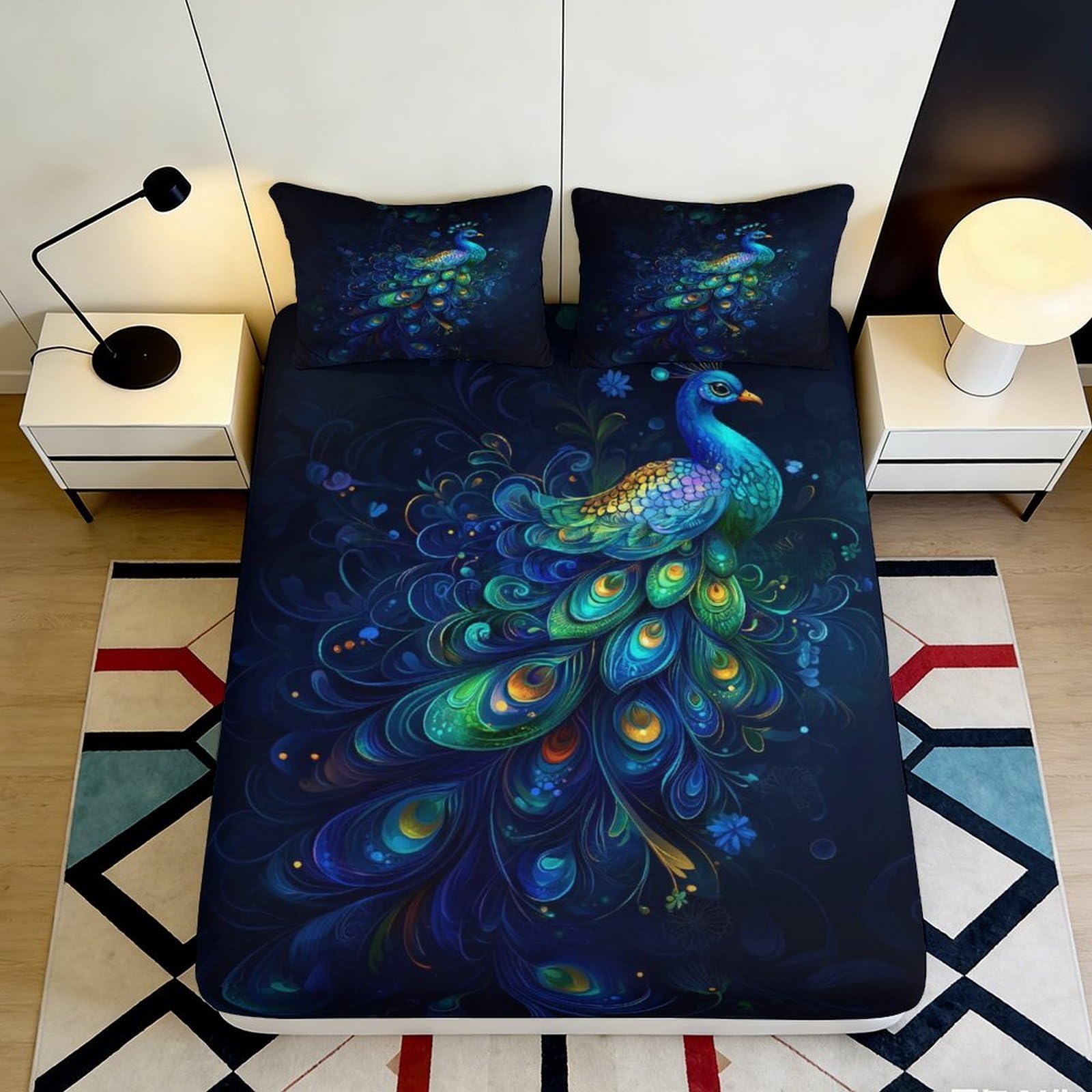 3D Printed Peacock Blue Fitted Sheet Microfiber Artistic Green Bed Cover for Bedroom Guest Room Mattress Protection 90x200x25cm