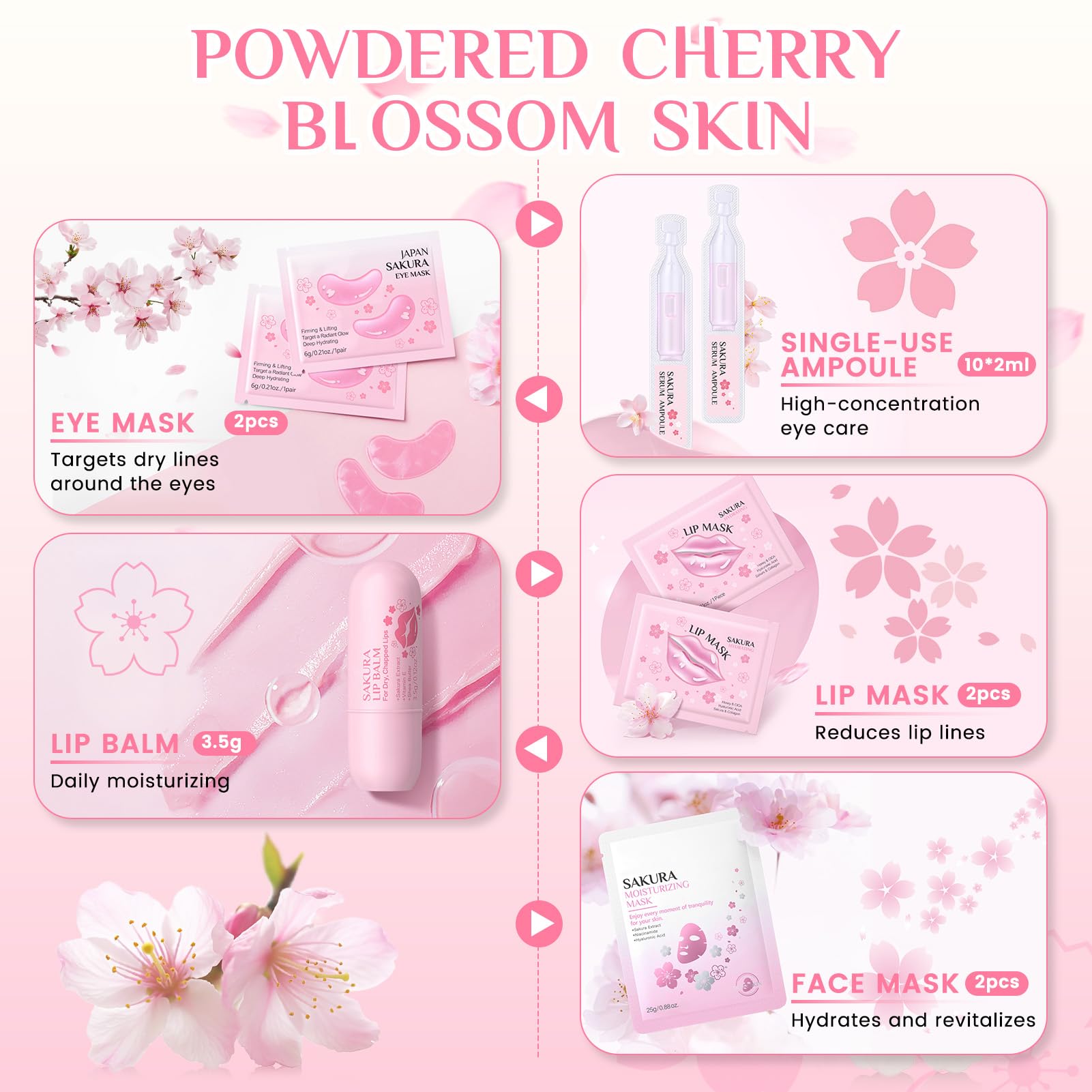 13 Pezzi Sakura Skin Care, Kit Skincare Viso Completo, Sakura Set Skincare mit Patch Occhi, Patch Labbra, Siero Viso, Crema Occhi, Lip Balm, Offre Una Riparazione Intensiva Completa