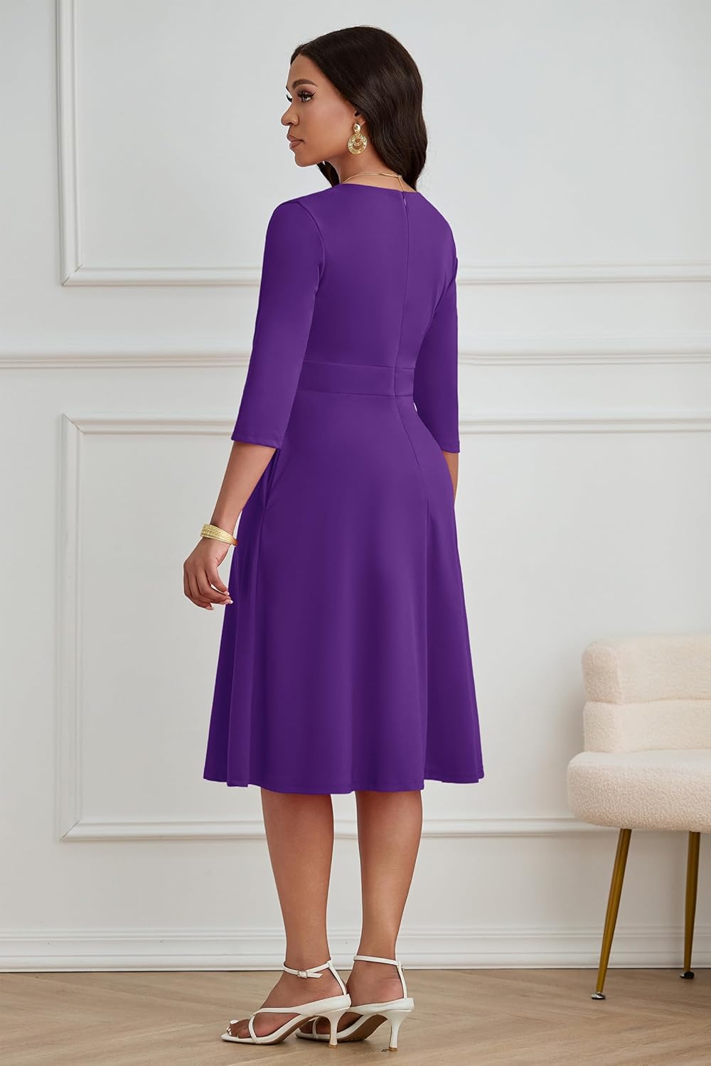 CLOCOR Casual Dresses for Women Semi Formal Fit and Flare Dress A-Line V-Neck 3/4 Sleeve Church Dresses with Pockets - Image 5