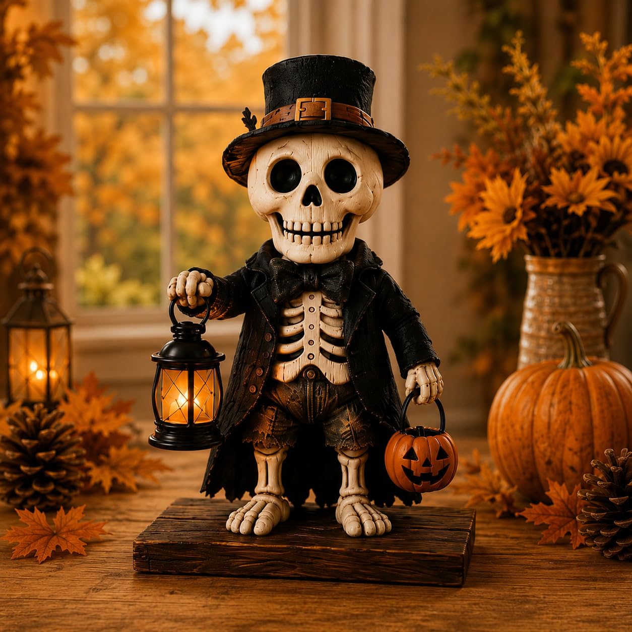 Neliangia Light Up Skeleton Figurine, 5.9" Wooden-Look Halloween Skeleton Decoration with Warm LED Lantern, Cute Spooky Collectible Statue for Indoor Tabletop,