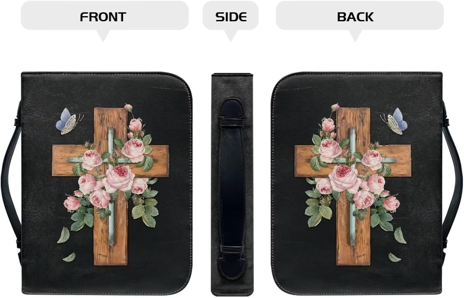 Suobstales Cross Butterfly Print Bible Cover for Women Men Chinese Rose Leather Bible Case Book Carrying Bag with Handle and Pocket Tote Scripture Organizer Pen Holder, M