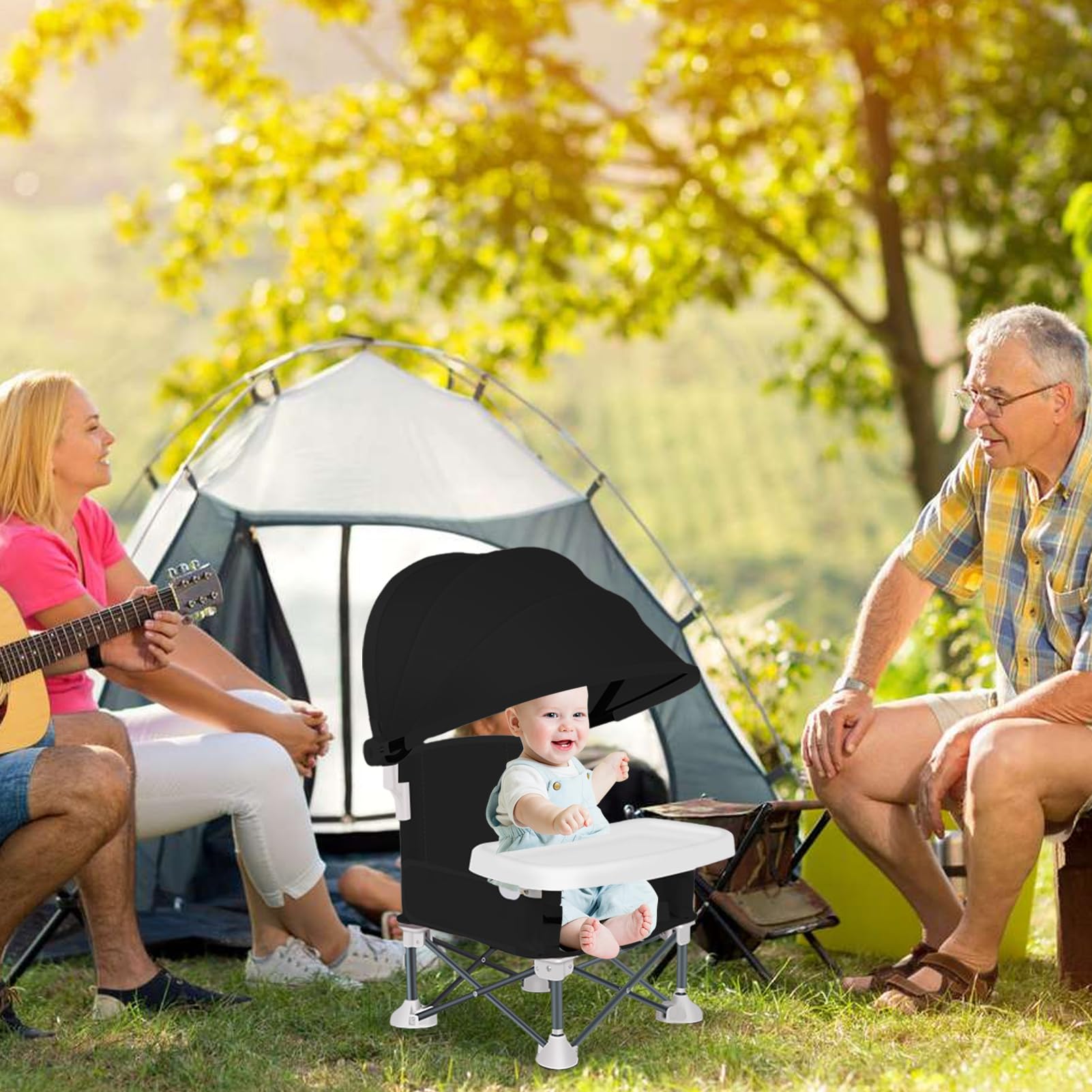 Chaise Portable Pour Bébé Repas Siège De Enfant Avec Plateau Repas | Chaise Haute Pliante Pour Bébé avec Auvent pour Pelouse, Plage, Extérieur, Camping, Maison, , Pique-nique