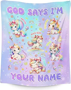 Custom Unicorn Blanket, Cozy Soft Throw Gifts for Girls, 40x50 Inch Cute Flannel Blanket for Unicorn Lovers, God Says I Am Throw Blankets for Couch Sofa