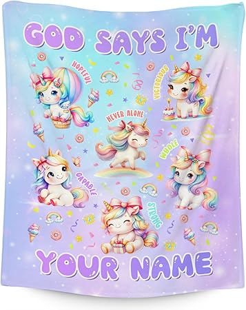 Custom Unicorn Blanket, Cozy Soft Throw Gifts for Girls, 40x50 Inch Cute Flannel Blanket for Unicorn Lovers, God Says I Am Throw Blankets for Couch Sofa