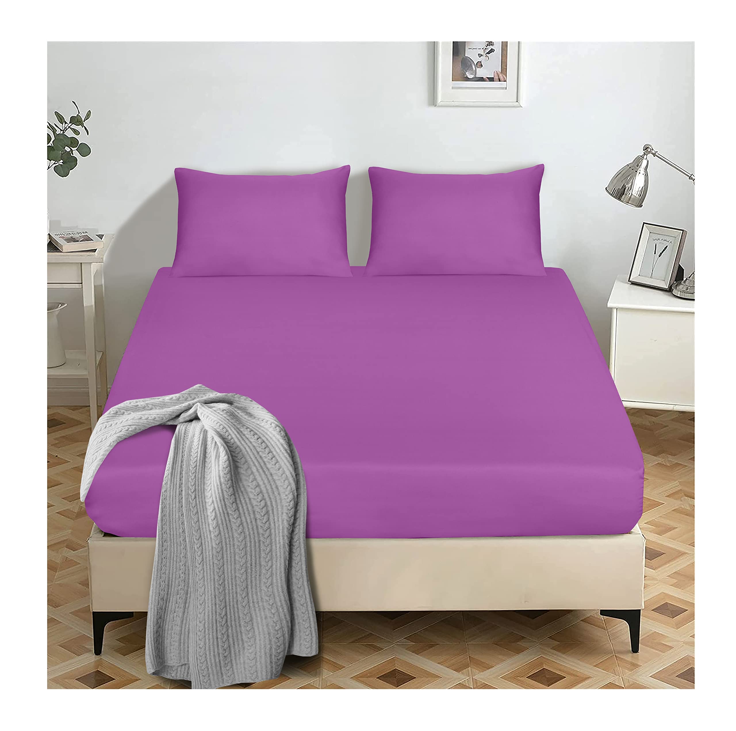Lilac Double Fitted Sheet 135 x 190cm Soft Brushed Microfiber Fabric