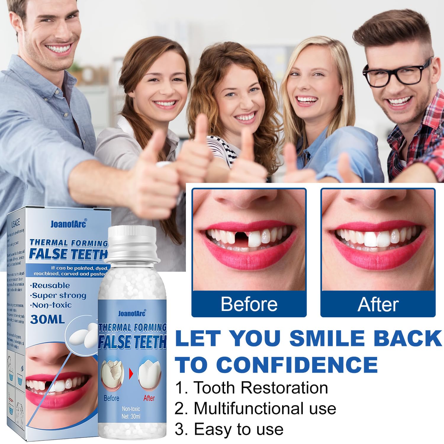 Tooth Repair Kit, Moldable False Teeth Beads, for Teeth Repair, Suitable for Missing, Cracked DIY Denture Kit, Halloween Vampire Teeth Fangs, High Hardness, Durable, and Reusable, 30ml