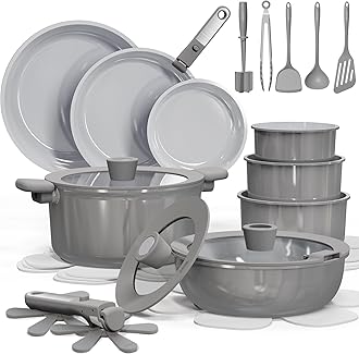 CAROTE 27pcs Ceramic Cookware Set Nonstick, Pots and Pans Set Non Stick, Non Toxic Cookware Detachable Handles, Dishwasher/Oven Safe, RV/Camping Cookware, Pan and Pot with Kitchen Utensils, Dark Gray