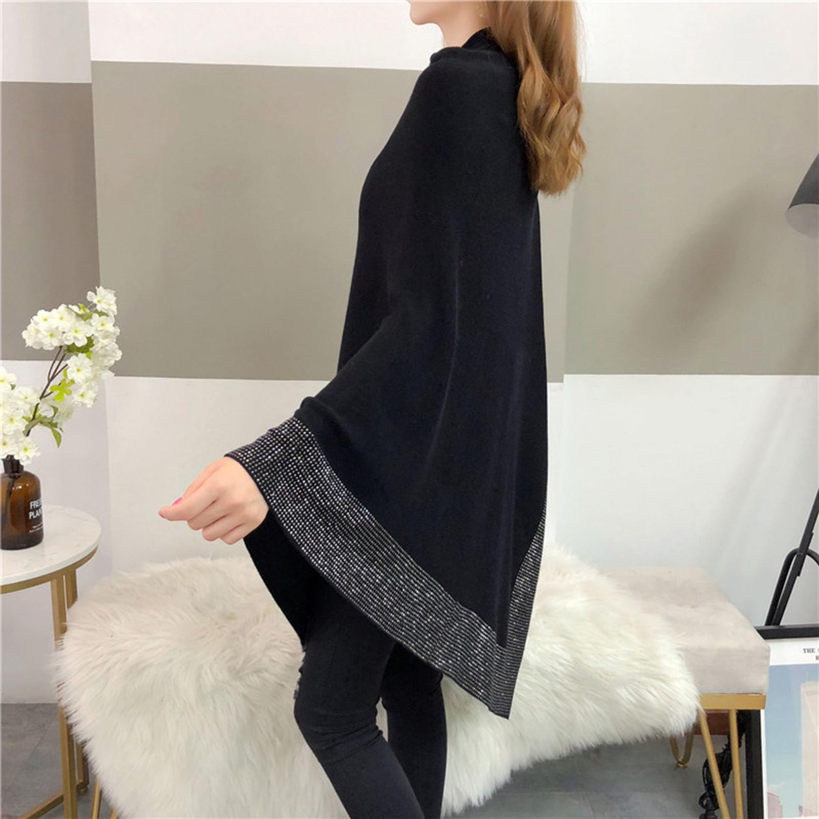 Genérico Chal de lana brillante para mujer, chal irregular con diamantes de imitación, elegante poncho de punto para mujer