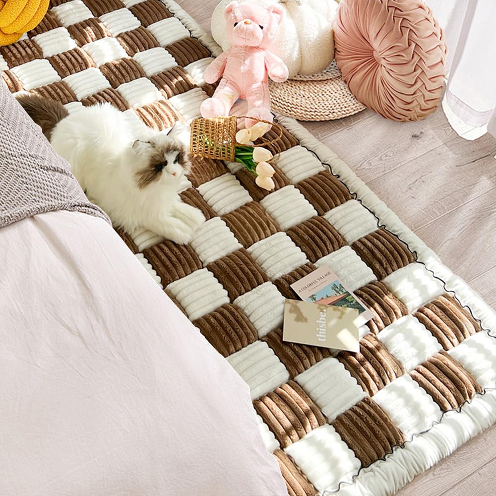 Pet Couch Cover, Cream-Coloured Large Plaid Square Pet Mat Dogs Bed Couch Cover, Garden Chic Cotton Protective Couch Cover for Floor Dogs Cats (27.6x59.06 in, Brown)