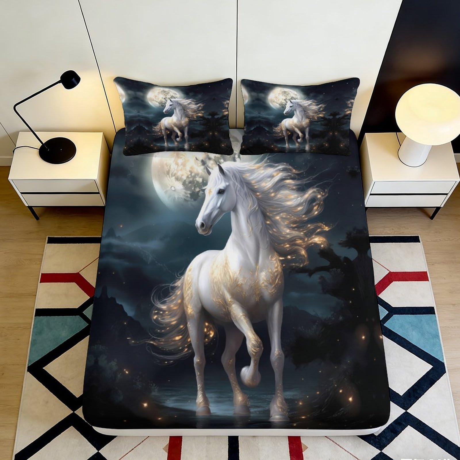 3D Printed Fantasy Unicorn Fitted Sheet Microfiber Soft Bed Cover Night Sky Mattress Cover for Bedroom Guest Room Decor 90x200x25cm