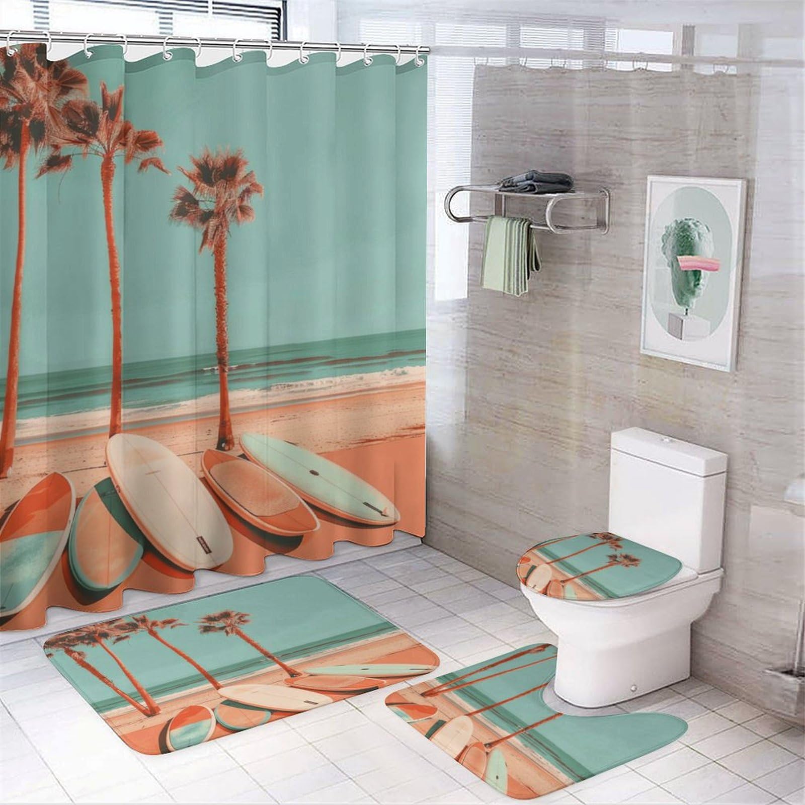 TOWINSFB 4Pcs Coastal Beach Surfboard Shower Curtain Set with Toilet Lid Cover Non-Slip Rugs for Bathroom, Tropical Palm Tree Retro Seaside Shower