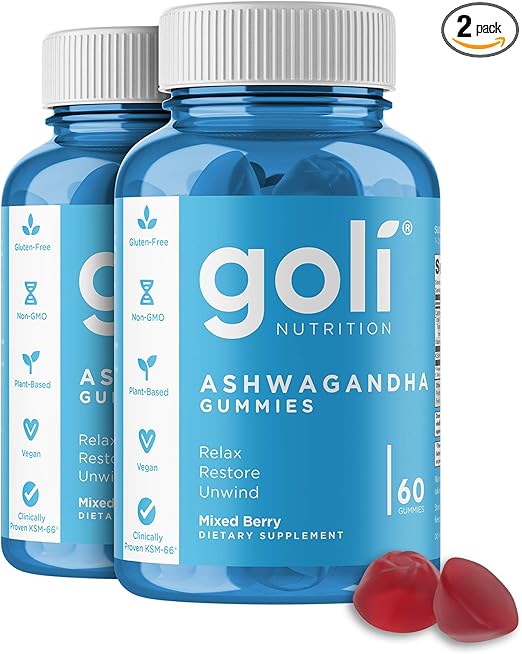 Goli Ashwagandha & Vitamin D Gummy 120 Count - Relax. Restore. Unwind. (Mixed Berry, KSM-66, Vegan, Plant Based, Non-GMO, Gluten-Free & Gelatin Free), Pack of 2