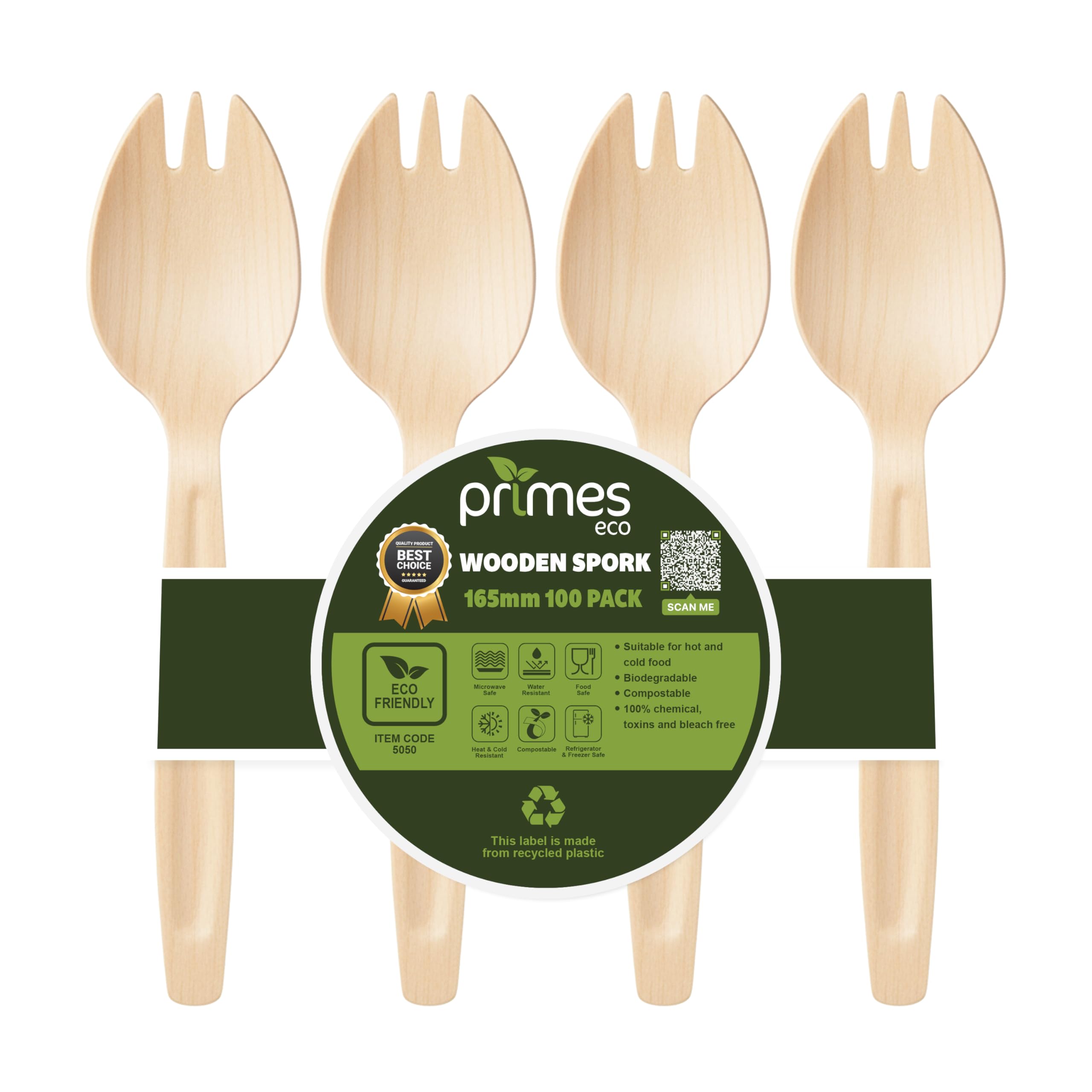 PRIMES ECO Disposable Birch Wood Spork 165mm – Single-Use Wooden Cutlery for Hot & Cold Foods, Parties, Catering, Events, Takeaway Meals, Picnic & Food Service Use (100, Sporks | 16.5cm) — image 1