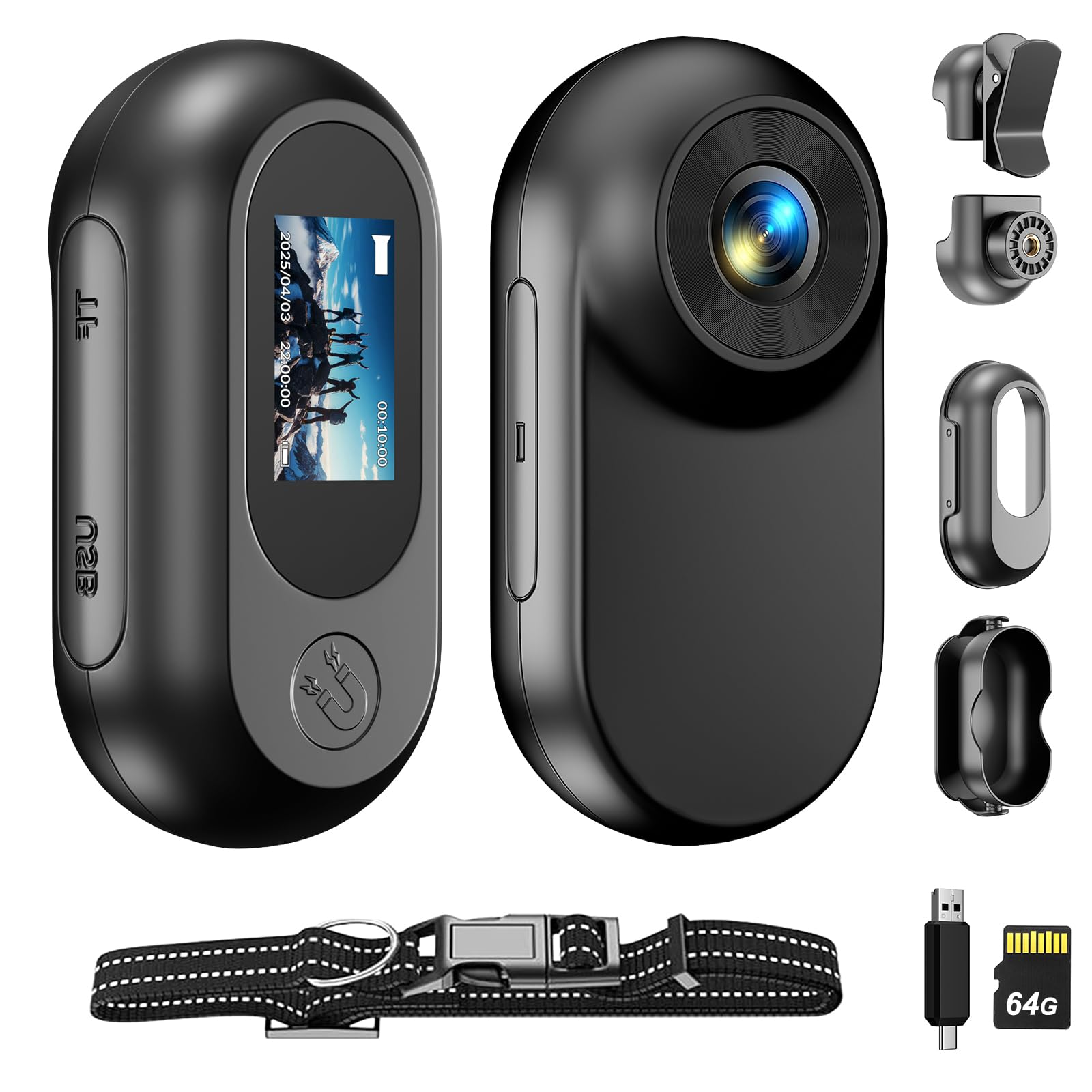 Mini Body Camera 64GB 1080P Tiny Cam Portable Thumb Action Camera Wearable Hands-Free POV Portable Video Recorder with Two Pets Collars Mount and