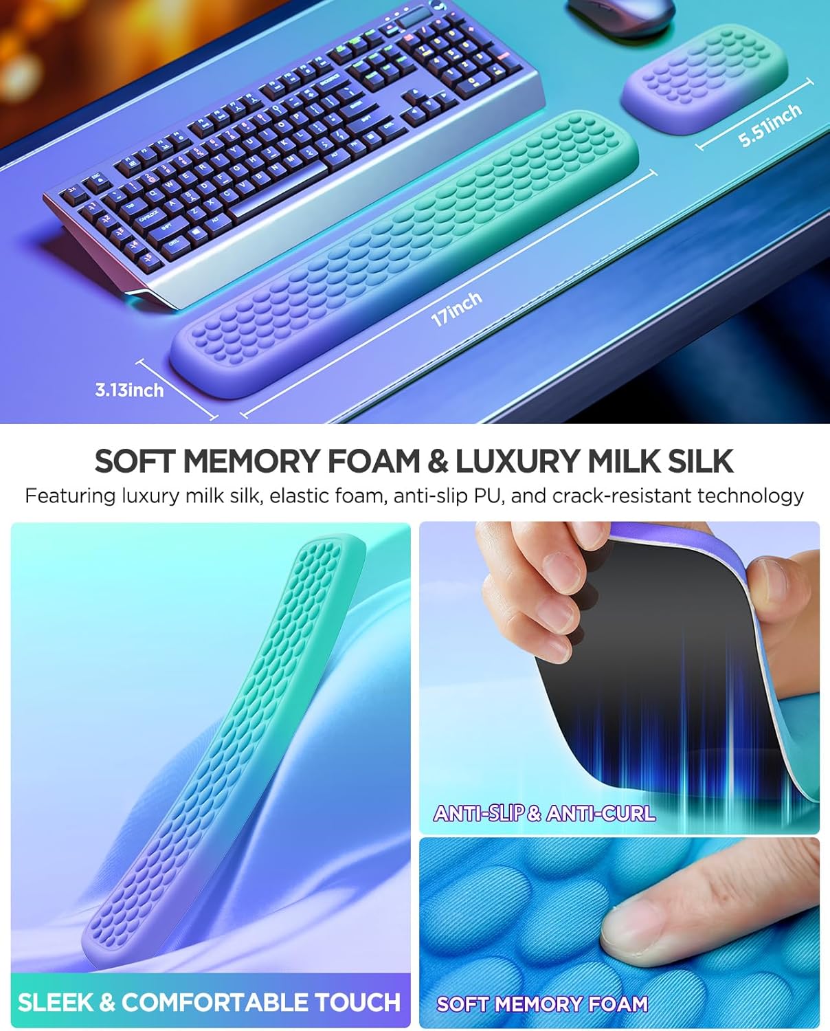 Lekvey Ergonomic Massage Point Keyboard and Mouse Wrist Rest Combo - Black and Green Purple