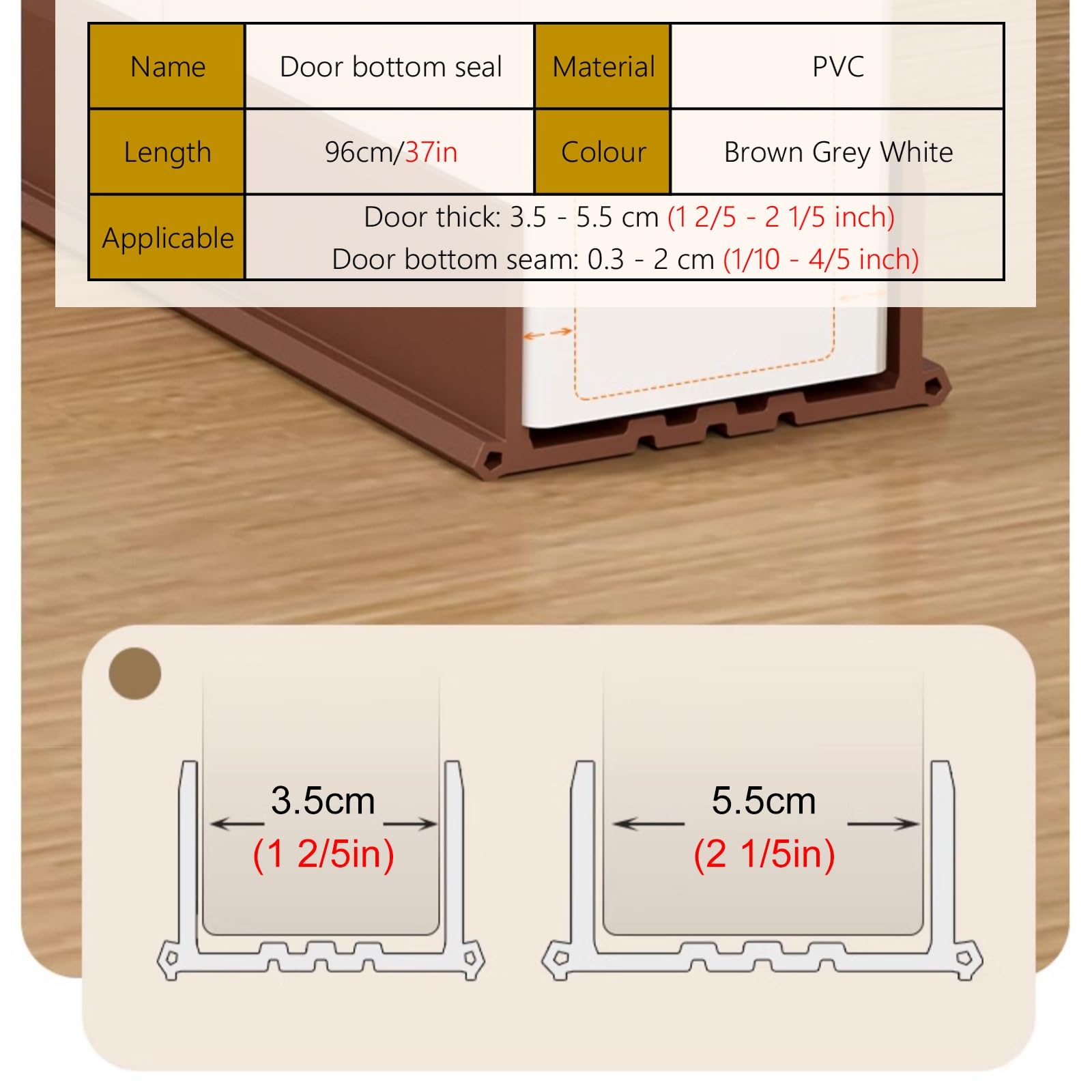 Under The Door Draft Blocker 96 CM White Brown Gray, Door Bottom Seal Strip Stopper for Soundproof/Block Light, Double Door Weather Stripping Side Seal(Brown)