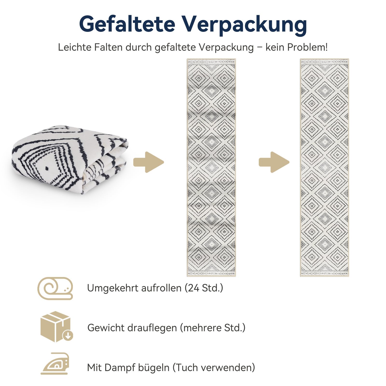 Teppich Läufer Flur 60 x 300 cm, rutschfest Küchenläufer, Kurzflor Teppichläufer, Waschbar, Faltbar, Boho Design – für Flur, Küche, Wohnzimmer & Büro, Schwarz-Weiß