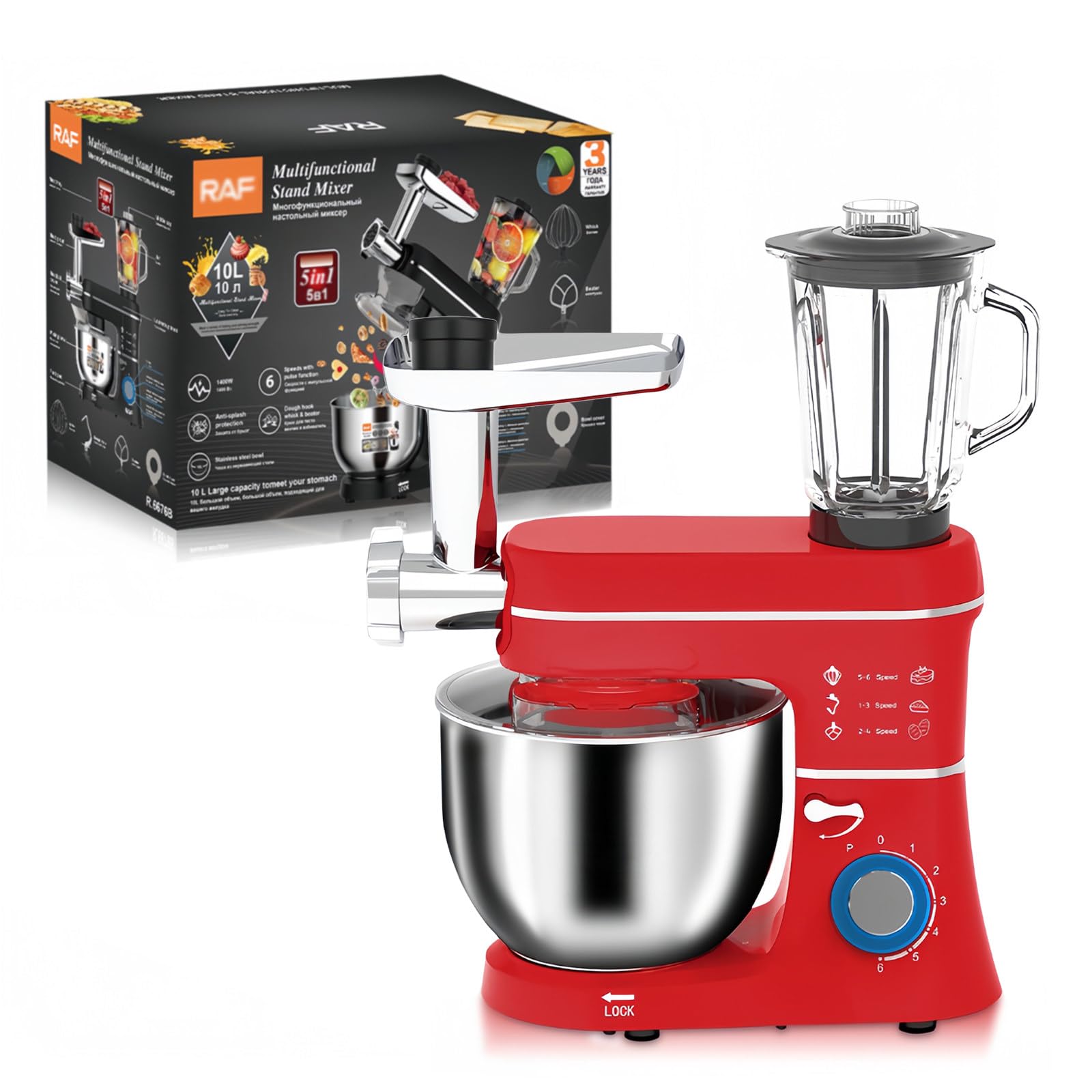 Wielofunkcyjny Blender do Robota Kuchennego, Blender do żywności 1400W z Maszynką do Mięsa, Blendery 5 w 1, Miksery i Roboty Kuchenne do Kuchni, 10L Profesjonalny Duży Mikser do żywności,Red