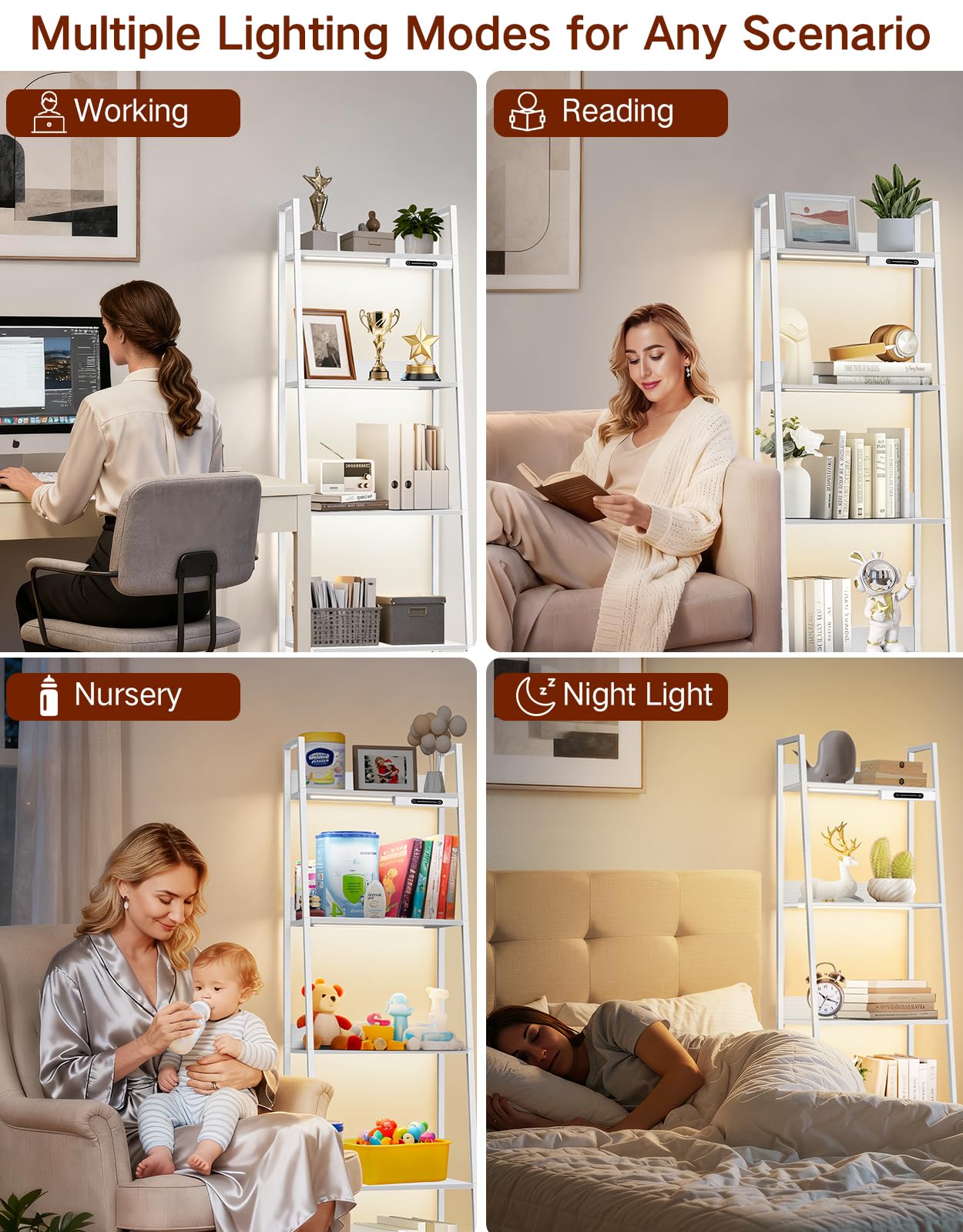 Piccola Libreria a Scala a 5 Ripiani con Luce LED, Touch e Telecomando, 3 Temperature di Colore, Scaffale Angolare Alta Dimmerabile in Metallo e Legno per Soggiorno e Camera da Letto