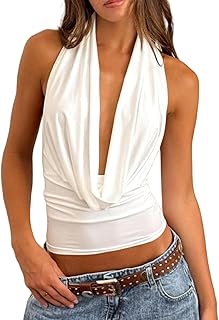 Camiseta sin mangas con cuello vuelto para mujer, espalda abierta, drapeada, parte delantera, cuello halter, sin mangas, Y2K, para salir