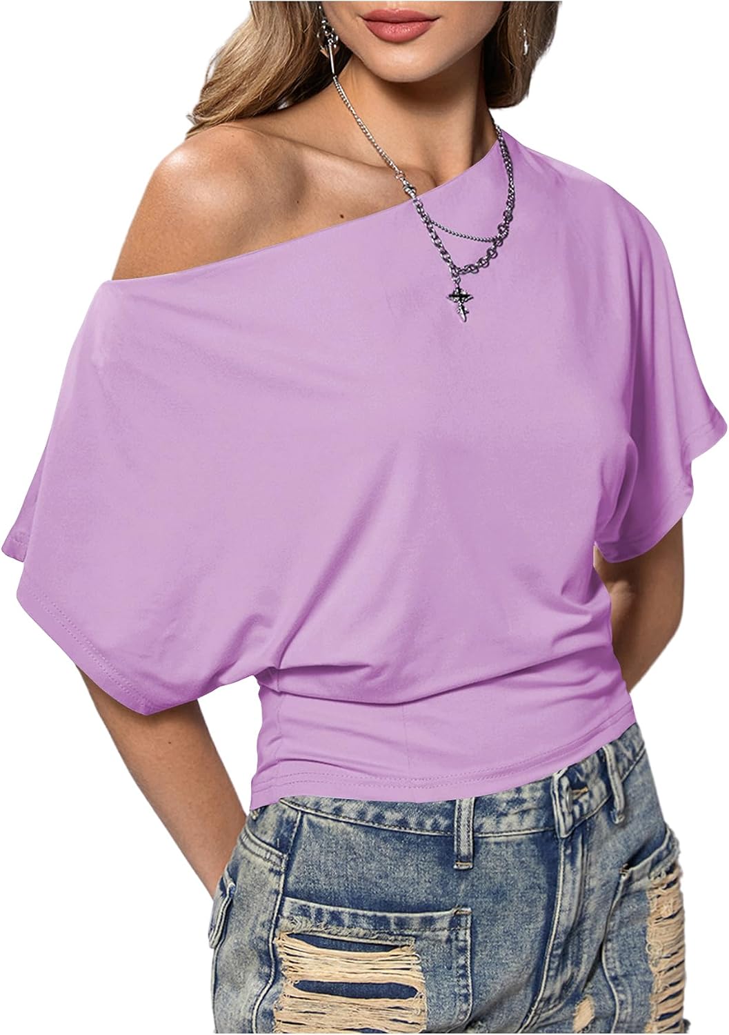 SweatyRocks Women's Off The Shoulder Crop Tops Asymmetrical Y2K Going Out Top Dolman Short Sleeve 2026 Summer Trendy Clothes