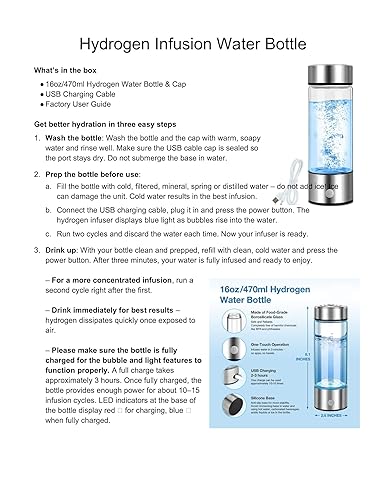Miniatura 6 de Aqua Vital - Botella de agua de hidrógeno 2025, generador de 16 oz/15.9 fl oz SPE-PEM Botella de hidratación H₂ ionizada Botella de vidrio