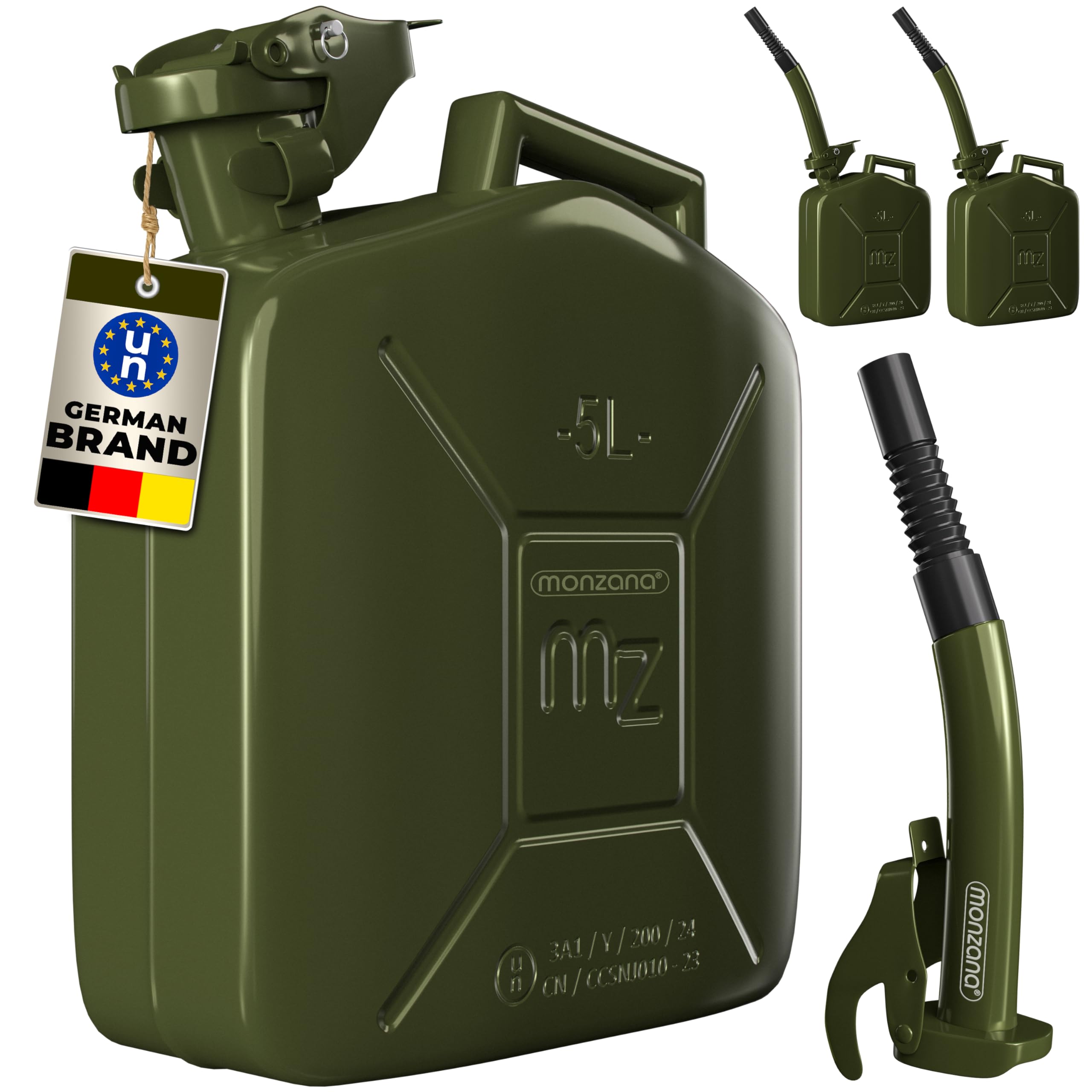 MONZANA® 3x 5 Litre Metal Fuel Canister W/Spout | 0.9mm Thick Steel Jerry Can | Leak-Proof Safety Lock | UN-Approved Transport Container | Petrol Diesel Oil | Corrosion Resistant Storage | Green