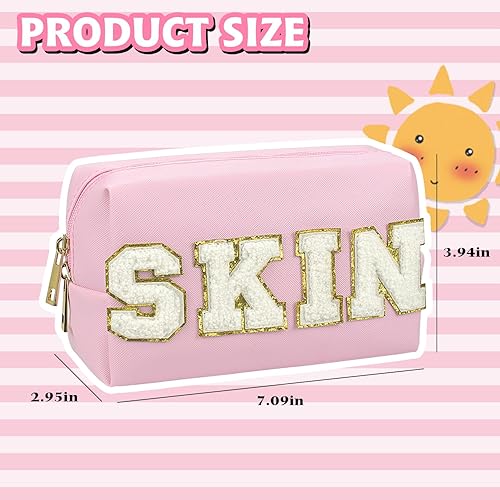 Miniatura 9 de Bolsa de maquillaje de parche de piel sintética, portátil, impermeable, para cosméticos, uso diario, para mujeres y niñas, Pelo azul., Parche Preppy