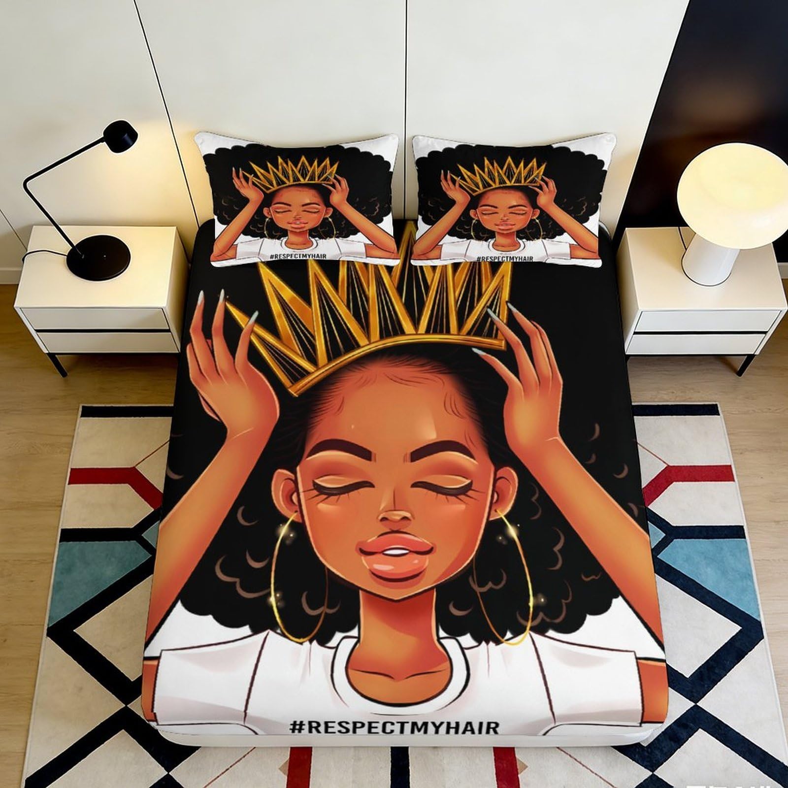 3D Printed African Queen Fitted Sheet Microfiber Crown Art Mattress Cover Easy Care for Bedroom Decor Dorm 90x200x25cm