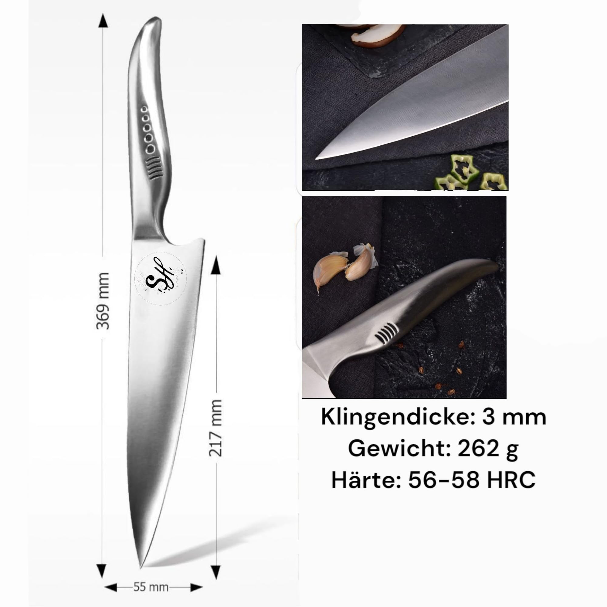 S Shark Messerset – Chefmesser 36 cm & Fleischgabel 32 cm – Voll-Edelstahl – Silber – Profi BBQ & Küchen Set – Haifisch-inspiriertes Design – Teil der S Shark Serie