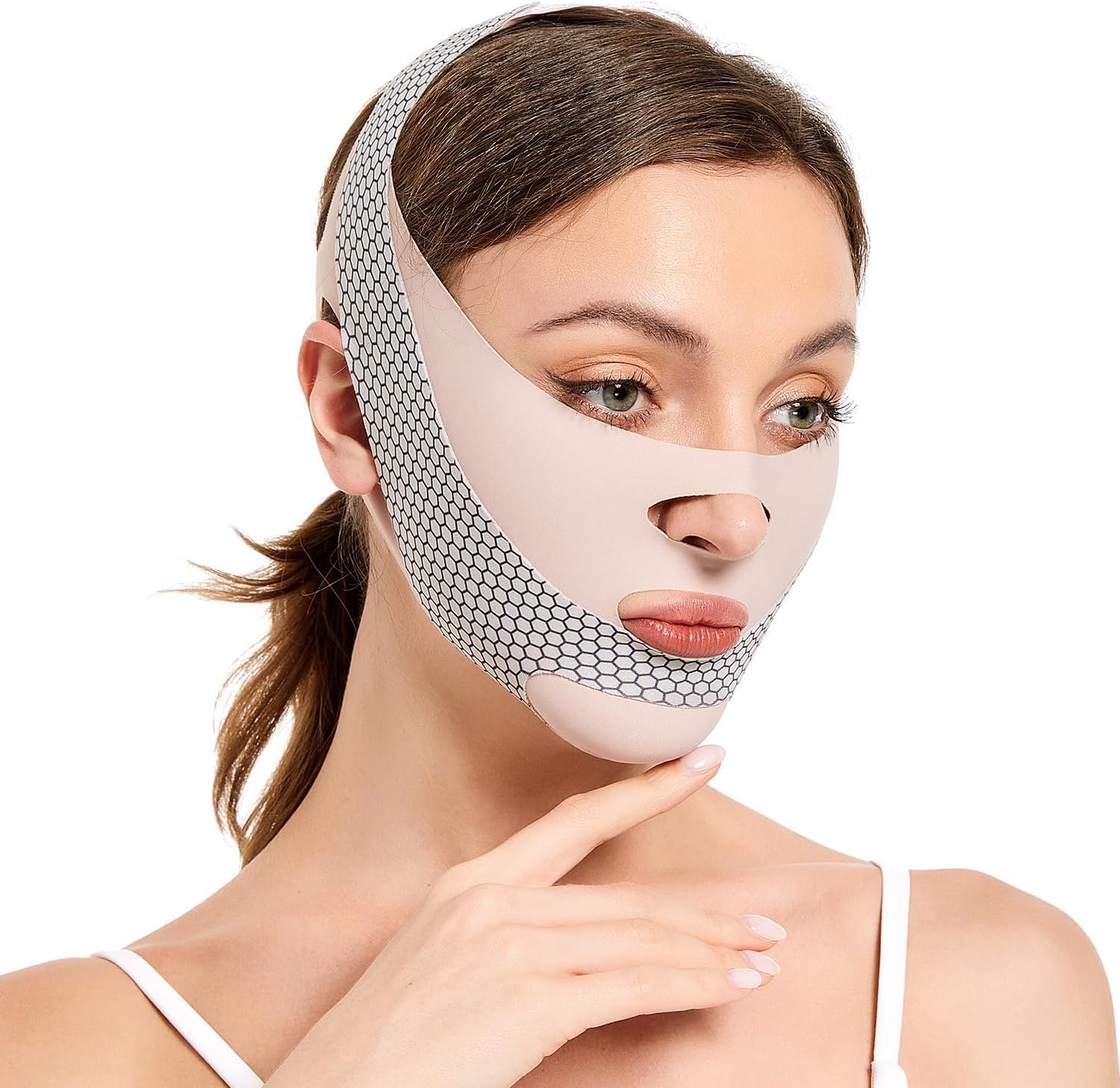 V-Shaped Face Lift Mask, Reusable V-Line Face Lifting Tape, Chin Strap, V Shaped Belt, Thin Breathable One-Piece Elastane Band for Instant Contouring & Skin Tightening, Adjustable & Comfortable