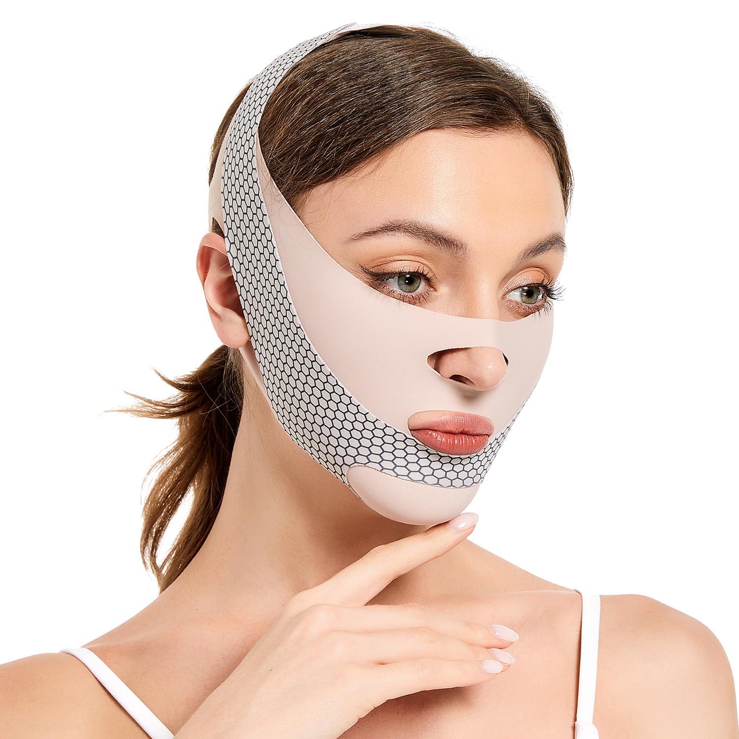 V-Shaped Face Lift Mask, Reusable V-Line Face Lifting Tape, Chin Strap, V Shaped Belt, Thin Breathable One-Piece Elastane Band for Instant Contouring & Skin Tightening, Adjustable & Comfortable