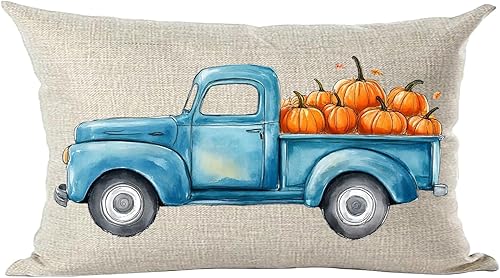 Ramirar Fall Y'all - Funda decorativa de cojín lumbar decorativa de acuarela de otoño color azul retro, calabaza, naranja, funda de almohada para el