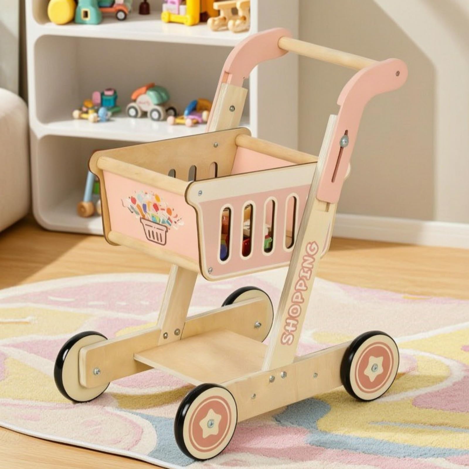 Sharplace Kinder Einkaufswagen Holz Spielwagen Kinder Einkaufs Spielzeug mit Justierbarer Griffhöhe 495cm Bis 57cm Rechteckiger Aufbewahrungskorb Und Unterer