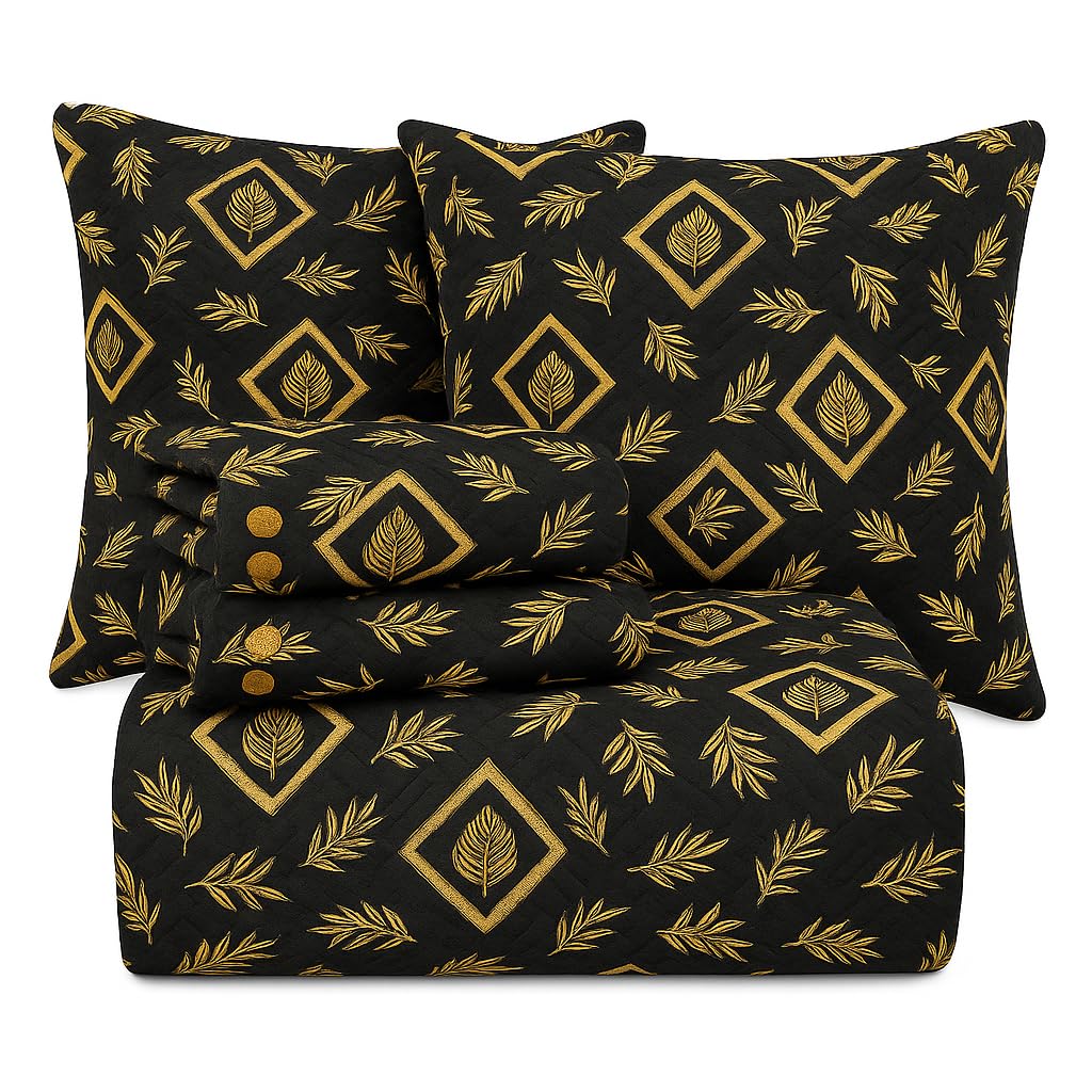 BSB HOME 220 TC 5 Piece Bedding Set with 1 Pc Bedsheet, 2 Pc Quilted Cushion with Zip, 2 Pc Pillow Covers - Heavy Glace Cotton Colour- Floral Black and Beige (90X 100 Inches)