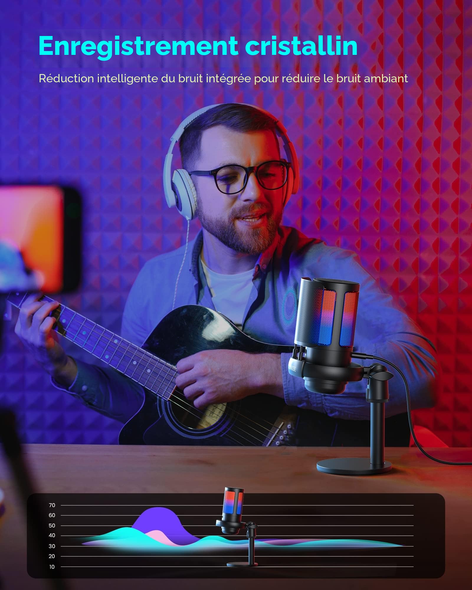 USB Microphone USB à condensateur, RGB Microphone Gaming, Une touche muet、Le bouton contrôle le volume、Filtre anti-pop en métal, pour le streaming, les jeux, les podcasts, la production musicale