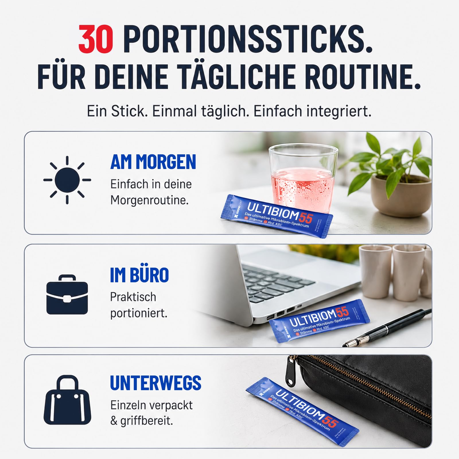 ULTIBIOM Darmflora-Komplex Pulver – 55 Bakterienkulturen, 50 Milliarden KBE pro Tagesportion, 30 Sticks – mit Akazienfaser, Inulin, FOS, Verdauungsenzymen, Vitaminen & Mineralstoffen