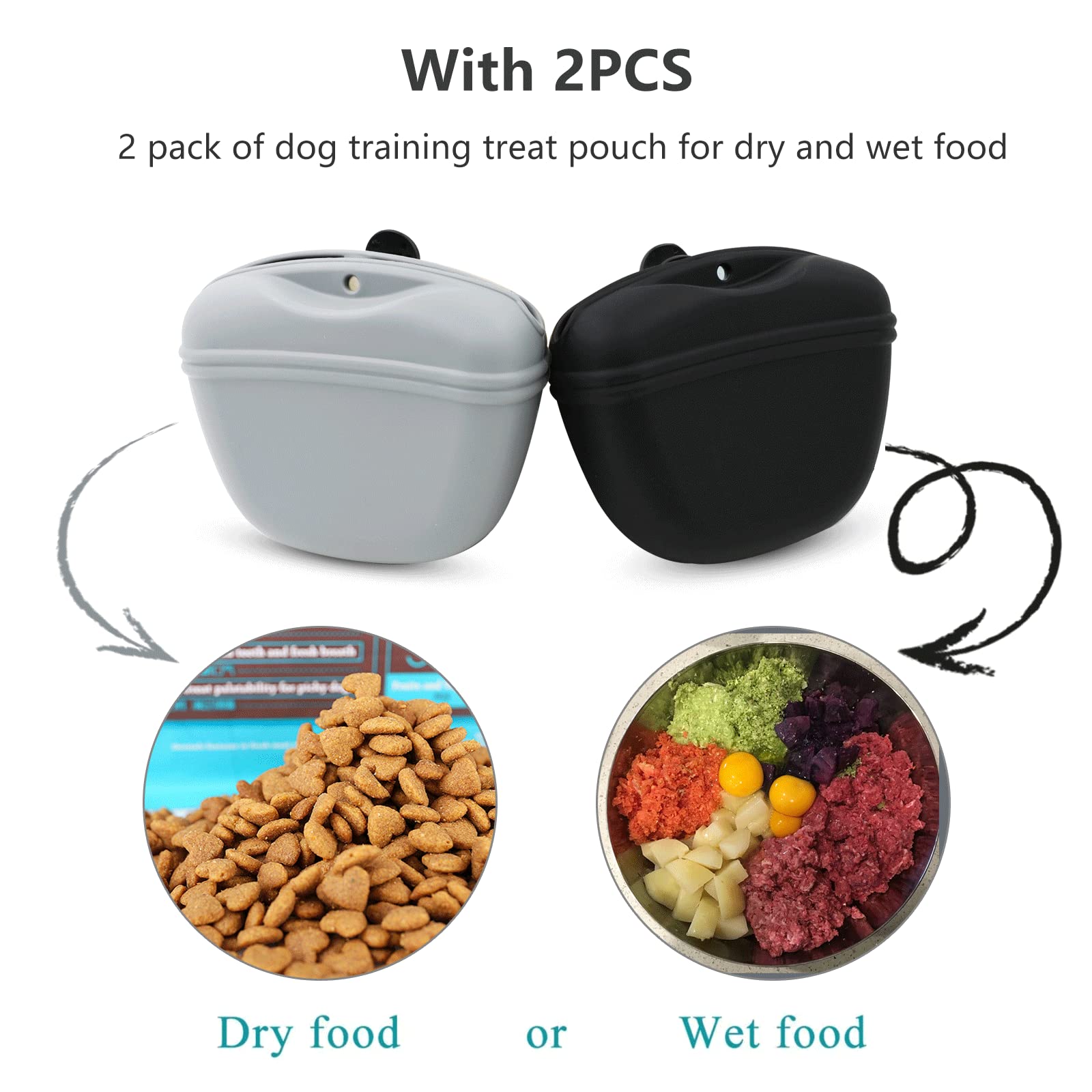 MGKSHADOW Dog Treat Pouch 2 Pack, Dog Treat Training Pouch, Silicone Pet Treat Bag BPA Free/Clip/Magnetic Dog Walk (Grey & Black) - Image 2