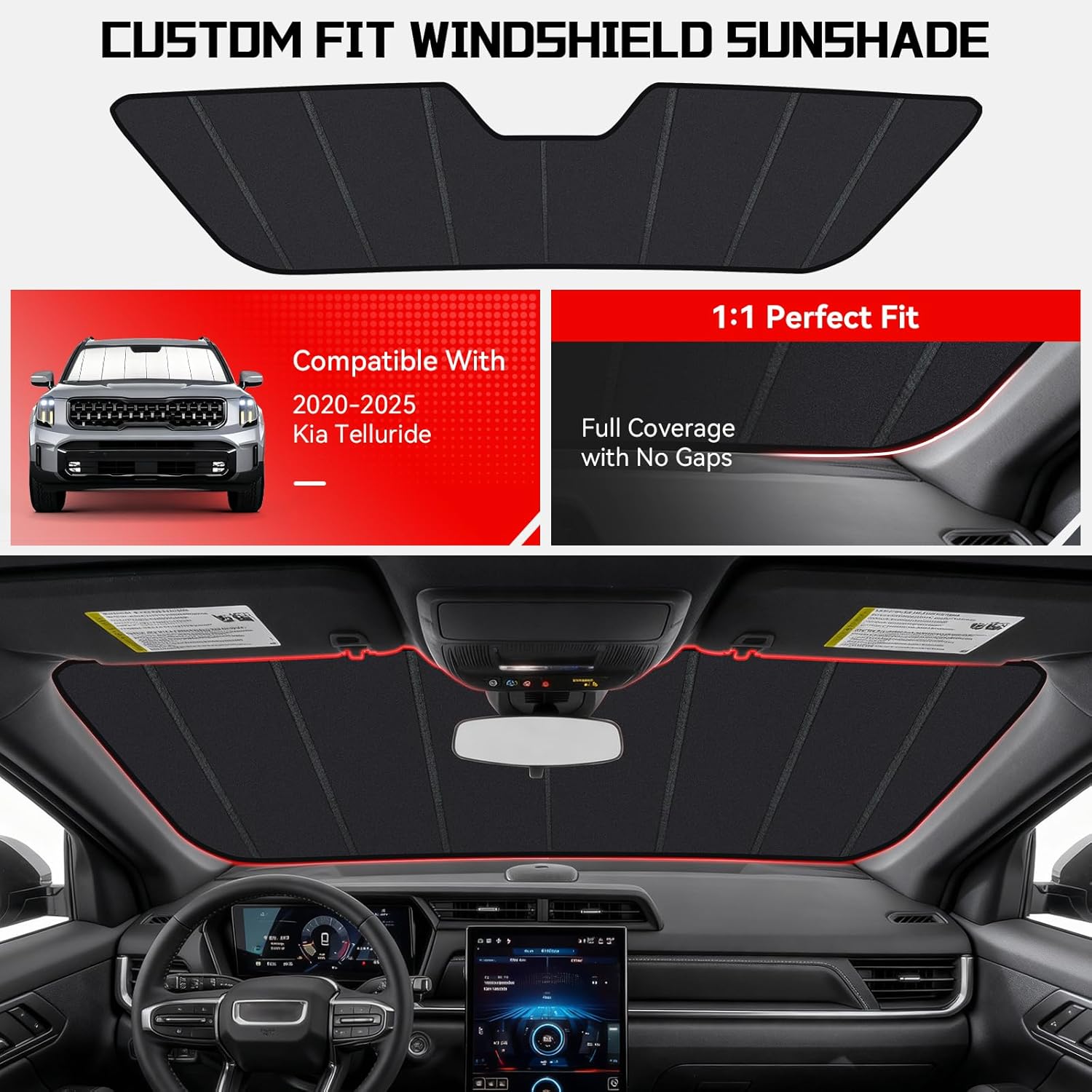 windshield sun shade custom fit for kia telluride 2020-2025 2026, accordion folding thick window sunshade block heat 99% uv rays sun visor keep cooler car accessories for kia telluride 2020-2026