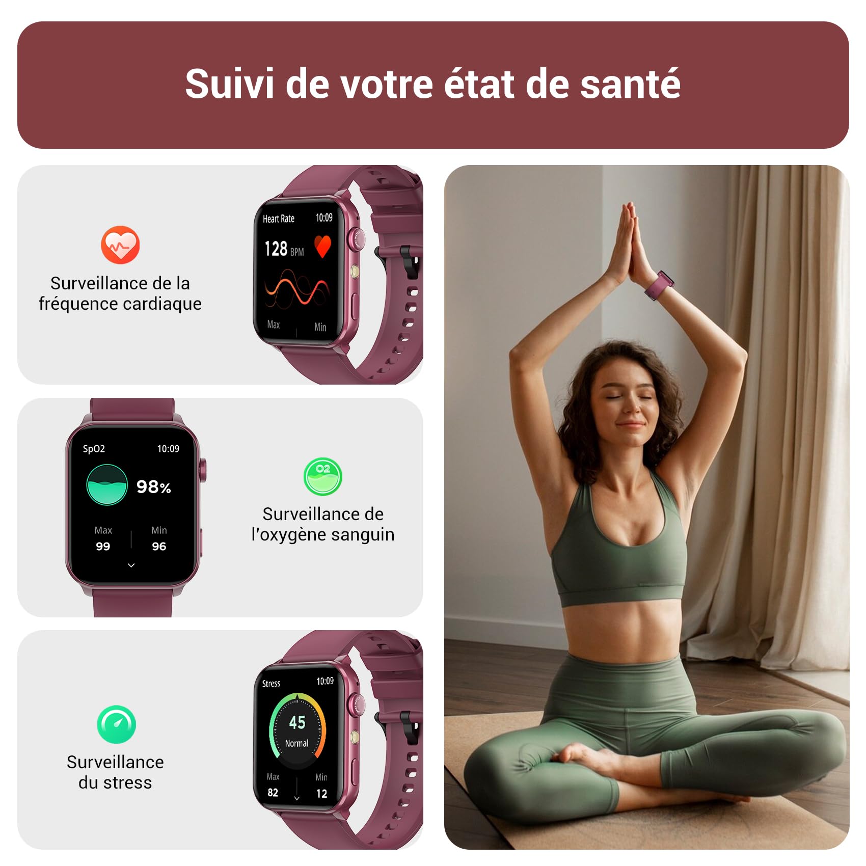 IOWODO Montre Connectée Femme, Appel Bluetooth, Écran 1.85" à LCD, Notifications Réseaux Sociaux, Cardiofréquence/Oxymètre/Analyse Sommeil, 100+ Modes Sports, pour Android& iOS(Violete)