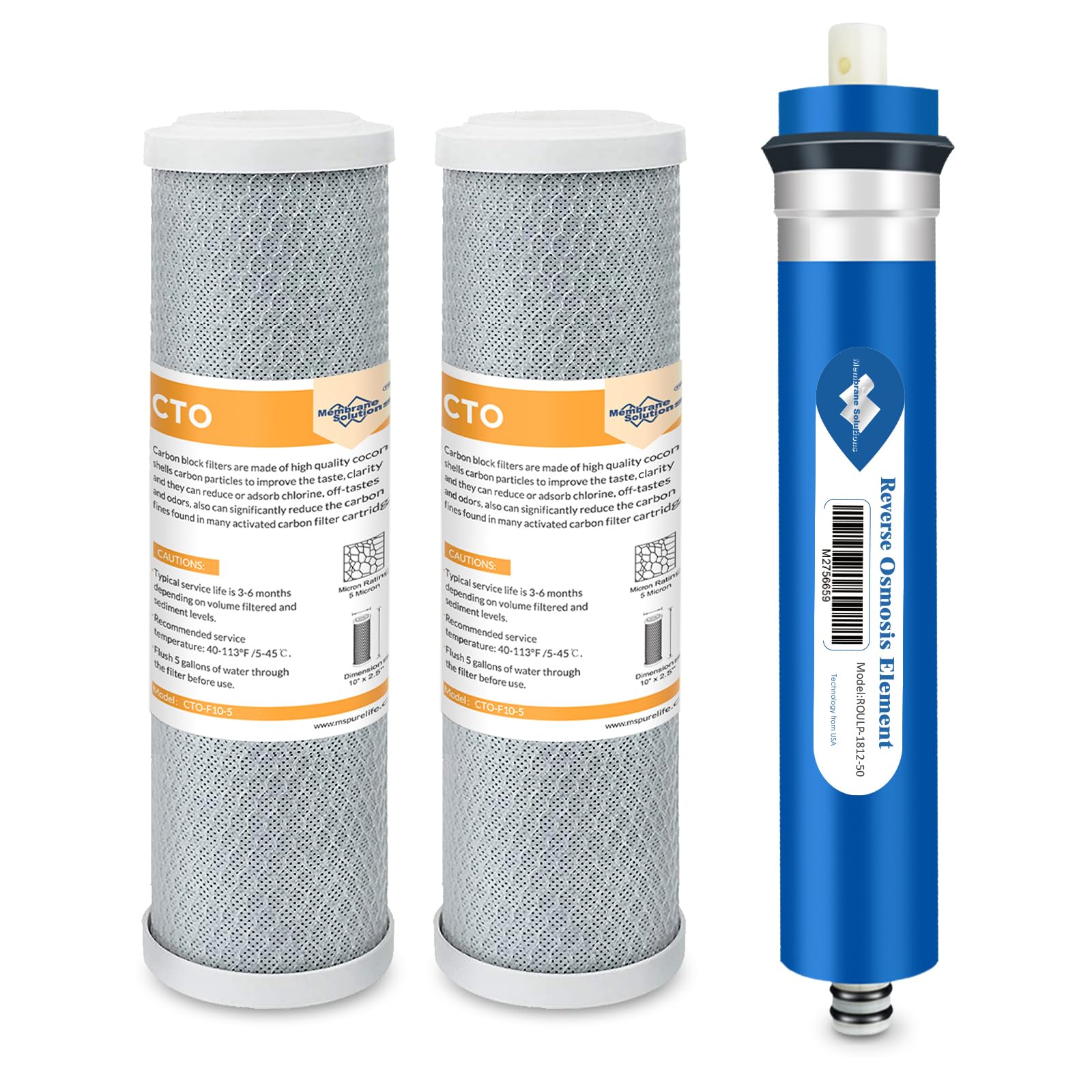 Membrane Solutions Combo Pack for FX12M and FX12P, Water Filter Replacement Cartridge Compatible GE RO Set GXRM10RBL GXRM10G Reverse Osmosis Systems, 2x Carbon Filters, 1x 50GPD RO Membrane Filter