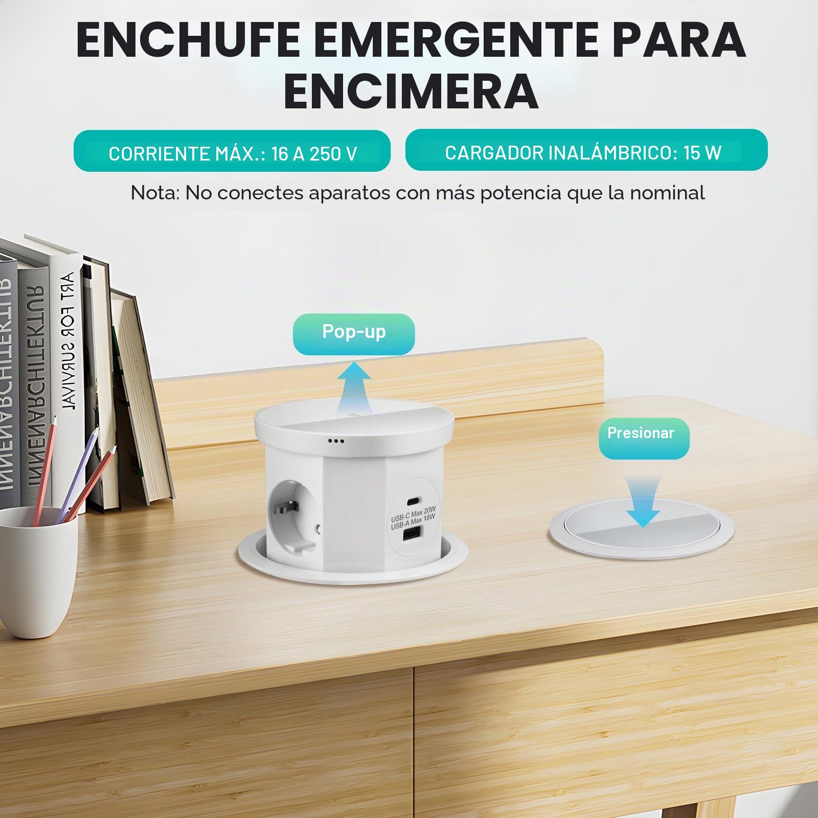 Regleta de toma empotrable para encimera, multienchufe empotrable, toma de mesa retráctil con 3 enchufes, 1 USB-C y 1 USB-A - Mesa retráctil - con cargador inalámbrico (blanco)