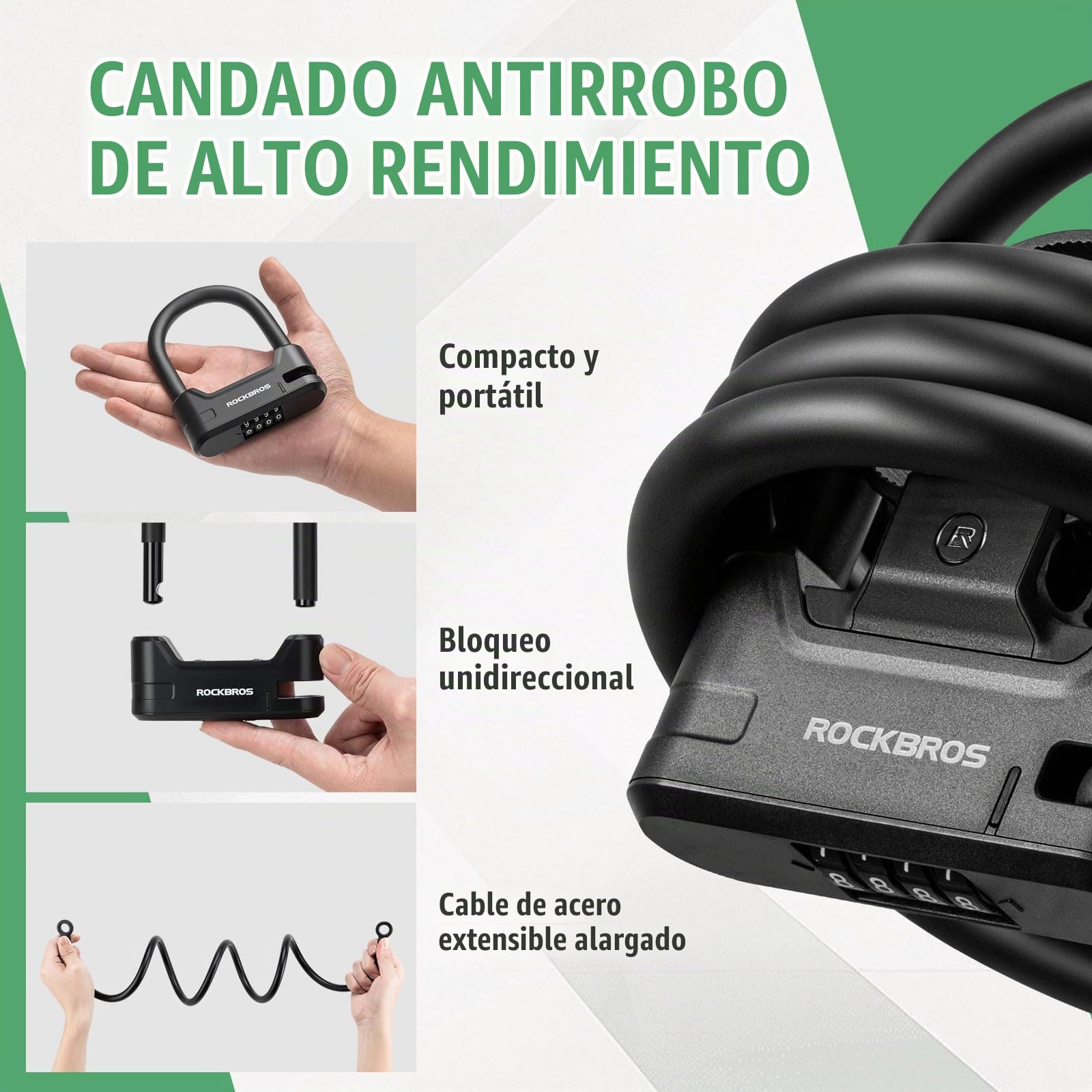 ROCKBROS Candado en U con Combinación y Cable para Bicicleta y Scooter | Antirrobo Alta Seguridad de Acero Endurecido, Flexible y Portátil para Bicicleta, Patín Eléctrico y Moto