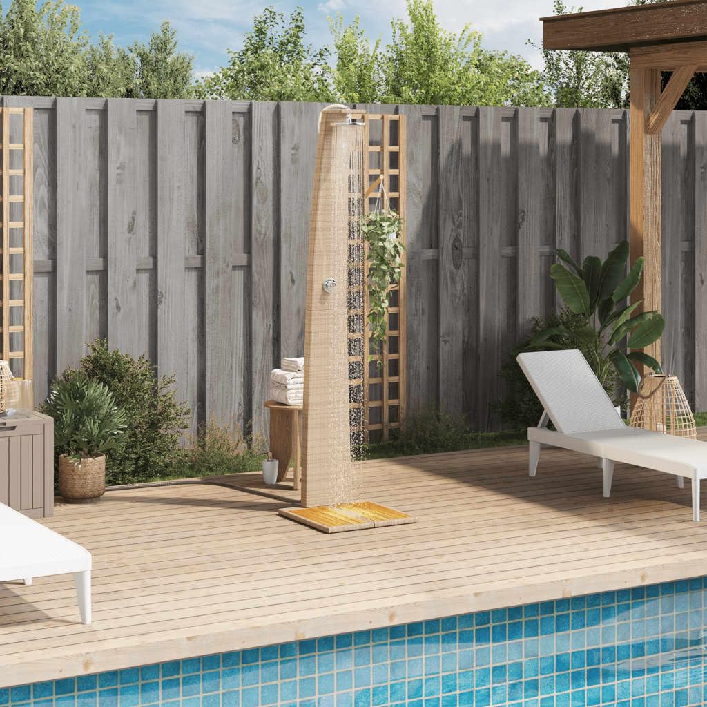 IKAYAA Pedana Doccia Esterna Doccia da Giardino con Pedana Doccia Esterna Giardino Terra in Polyrattan e Legno Acacia-Beige-55x60x224 cm