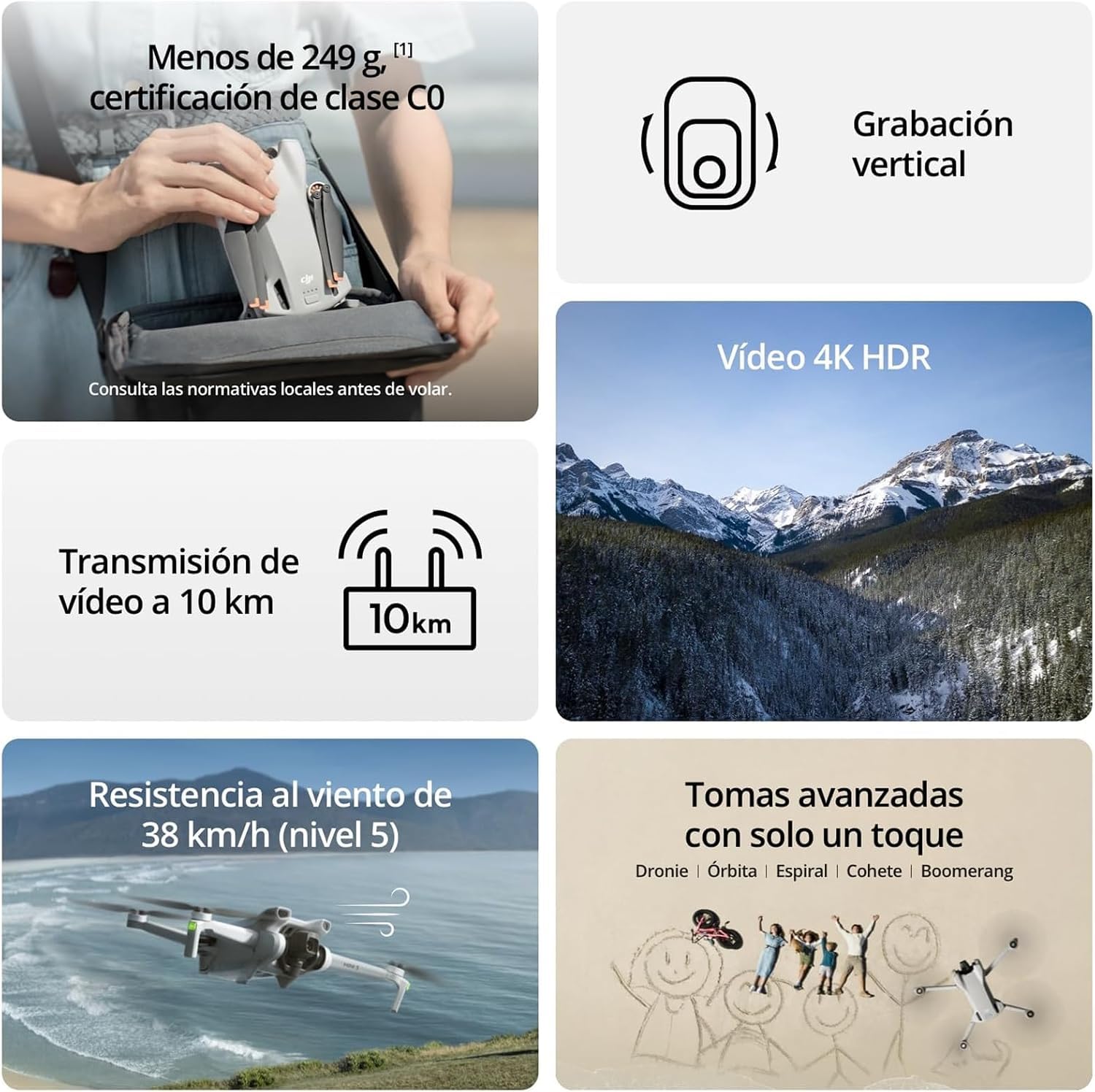 DJI Mini 3 – Dron Mini con cámara ligero y plegable con vídeo 4K HDR, 38 min de tiempo de vuelo, Grabación vertical y funciones inteligentes, con Mando a distancia, C0