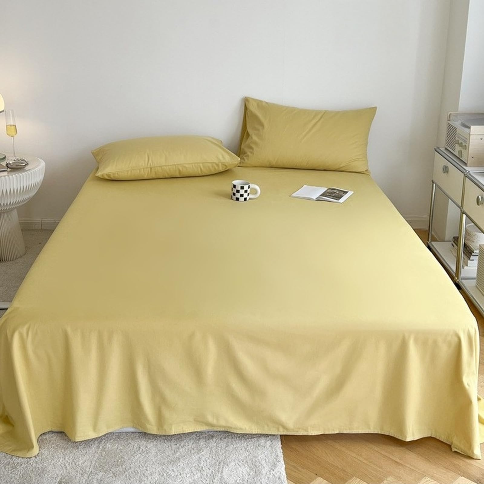 Bettlaken ohne Gummizug 200 x 230cm 100 % Baumwolle leintuch Gelb | Leintuch aus 100 % Baumwolle Betttuch für Doppelbett für ganzjährigen Komfort Atmungsaktiv trocknerfest