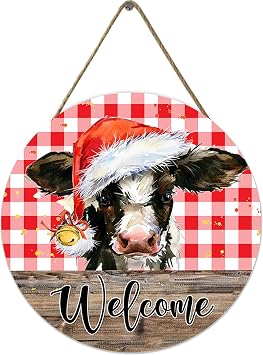 Welcome Christmas Cow Front Door Sign, Xmas Santa Hat Red Buffalo Plaid Check Bow Christmas Front Door Sign For Home Gate Club Bar Restaurant Wall Hanging Decoration 12inch