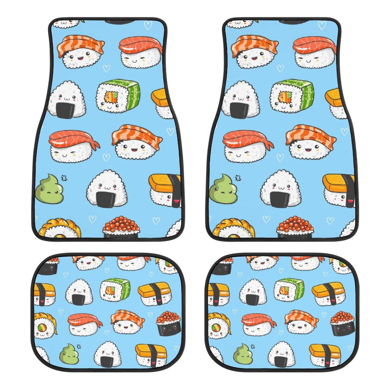 Kawaii Sushi Car Floor Mat 4 Piece Auto Front/Rear Carpets Anti-Skid Foot Pads Universal Fit for SUV Truck Vans Interior Decorative